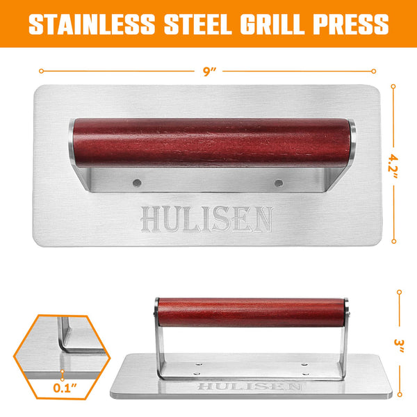 HULISEN 8.5-Inch Burger Press, 2.5 lbs Heavy Duty Bacon & Grill Press, Stainless Steel Smashed Burger Press, Round Smasher with Wood Handle, BBQ Griddle Accessories for Hamburger, Steak, Meat…