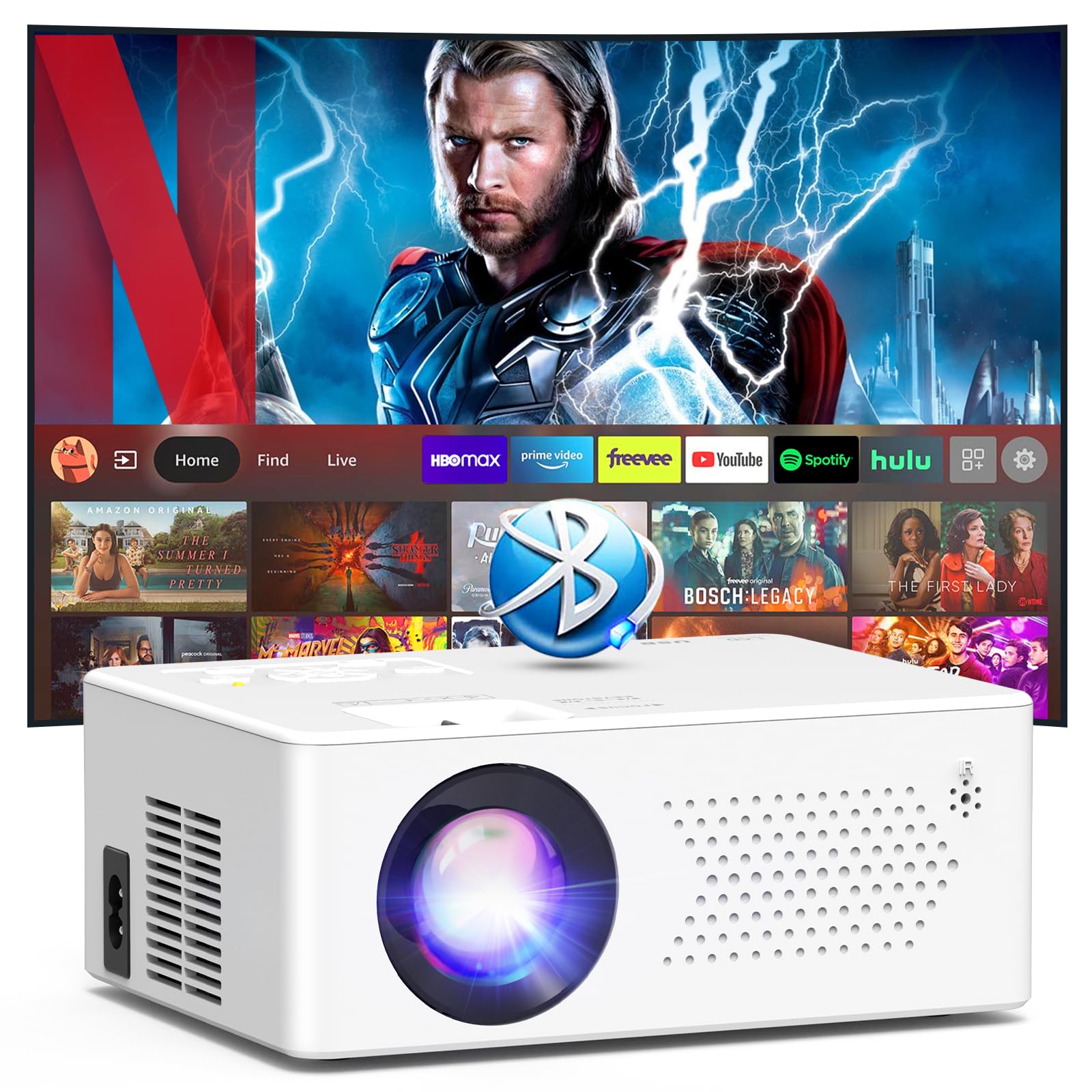 PURSHE Projector, Mini Projector 50%-100% Zoom, Two-way Bluetooth Full HD 1080P Supported, Portable Projector for Bedroom, Outdoor Movies, Compatible with TV Stick/HDMI/Smartphone/USB/Game Console