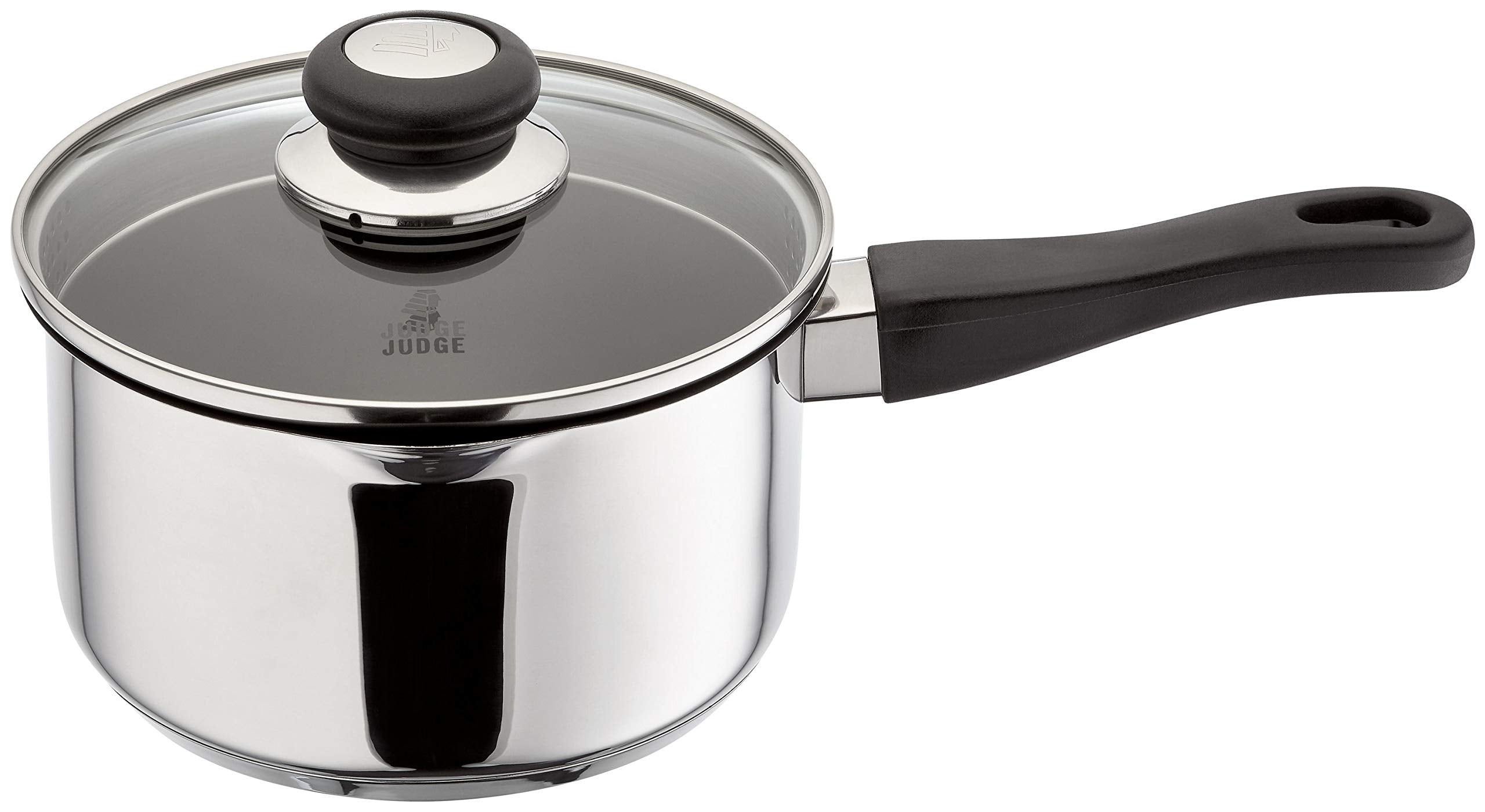 Judge Vista Stainless Steel Non-Stick Large Saucepan with Pouring Lip 18cm 2.1L Shatterproof Glass Strain & Pour Lid, Induction Ready, Oven Safe, 25