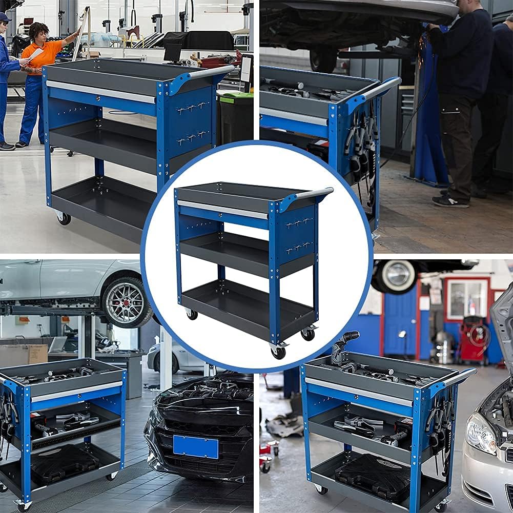 AIRAJ 3-Layer Tool Trolley,78 * 35 * 70cm Heavy Duty Tool Trolley, Metal Tool Cart with large Lockable Drawer and Rack,Work Trolley for Transport Tools,Load Capacity 200KG,Can Hold Heavy Equipment