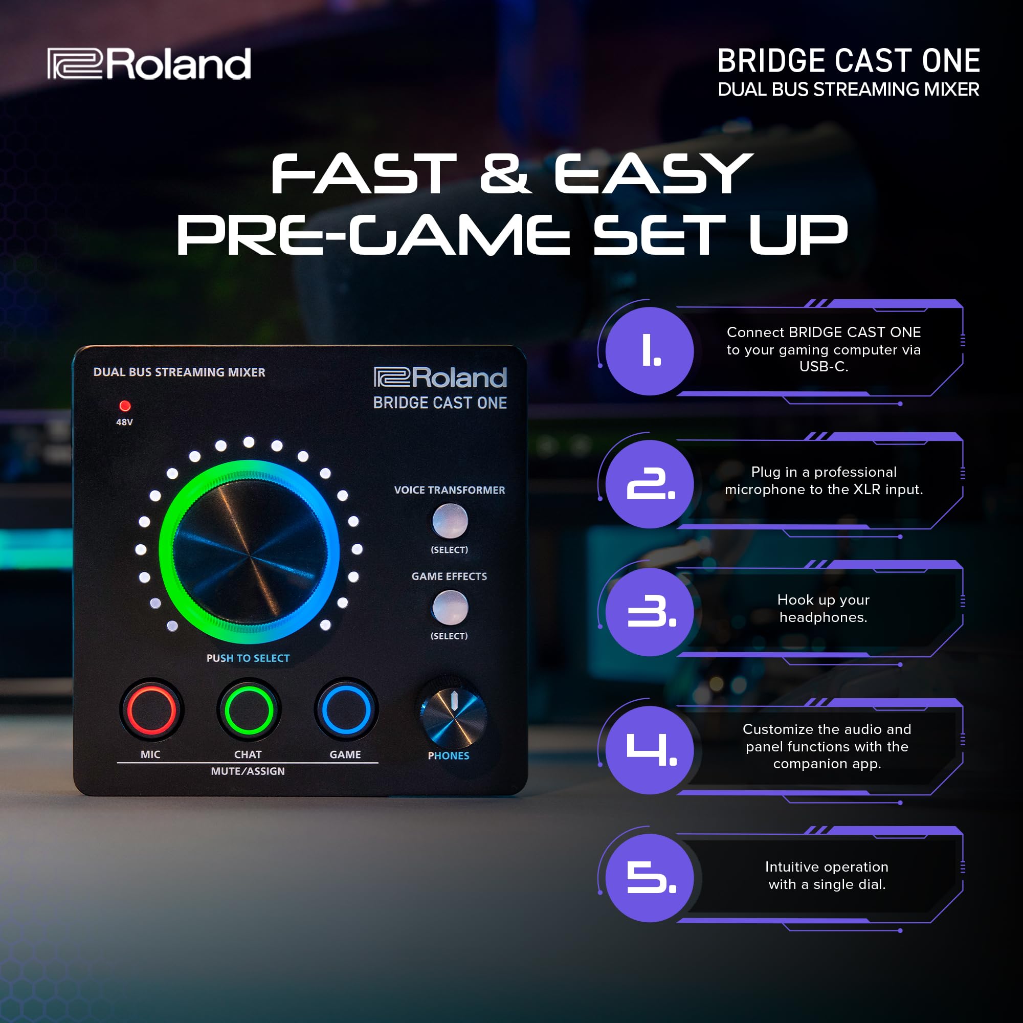 Roland BRIDGE CAST ONE Dual Bus Streaming Mixer Compact Audio Streaming Mixer For Online Gamers & Content Creators 32-Bit Hardware DSP USB-C Windows and Mac Connectivity XLR Mic Support