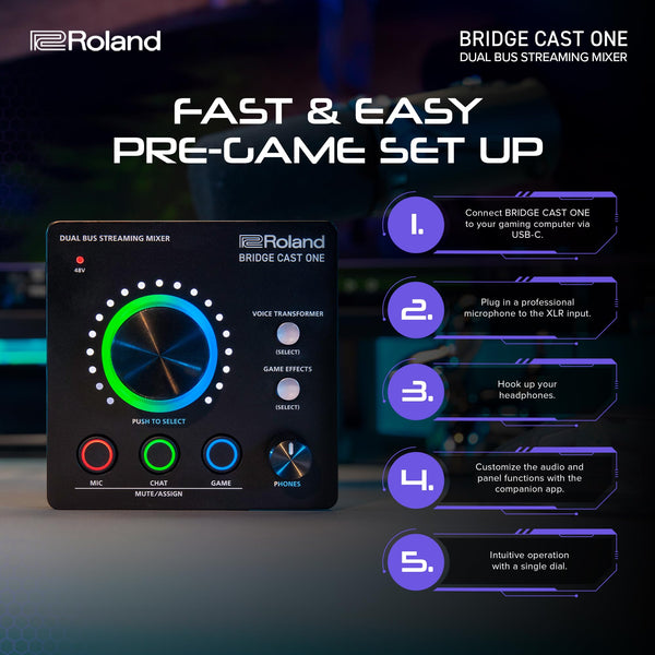 Roland BRIDGE CAST ONE Dual Bus Streaming Mixer Compact Audio Streaming Mixer For Online Gamers & Content Creators 32-Bit Hardware DSP USB-C Windows and Mac Connectivity XLR Mic Support