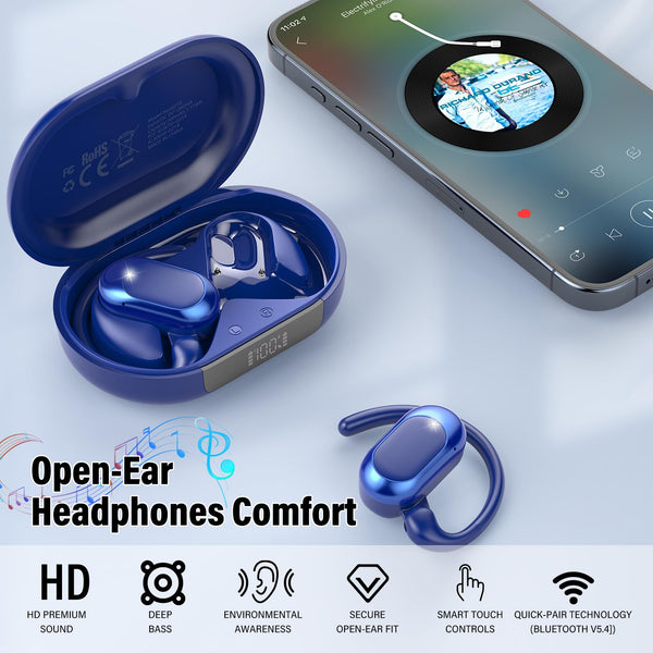 STECEi Open Ear Headphones, Bluetooth 5.4 Wireless Earbuds with Adjustable Ear Hooks, Powerful Sound, Air Conduction Earbuds with Mic, 36H playtime, Ultra-Comfort, IPX7 Waterproof Sports Earphones