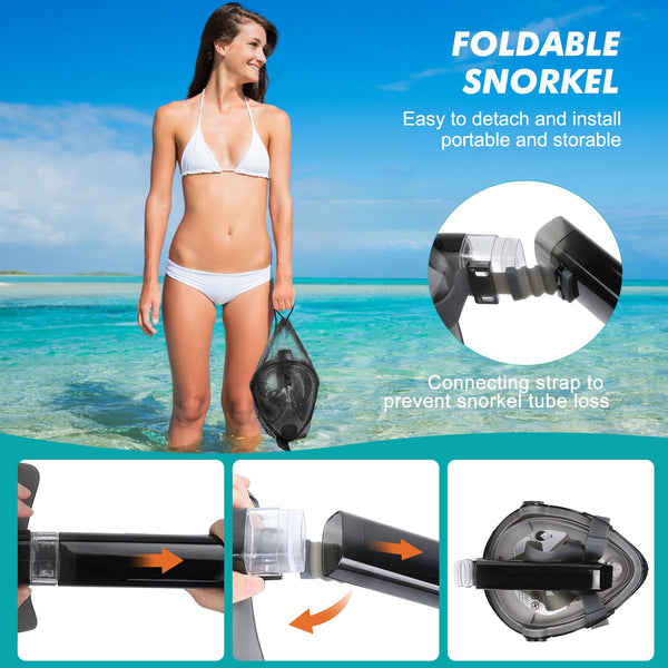 KUYOU Full Face Snorkel Mask, Snorkeling Gear for Adults Teens with Latest Dry Top Breathing System, Foldable 180°Panoramic View Snorkeling Mask Adult, Anti-Fog & Anti-Leak