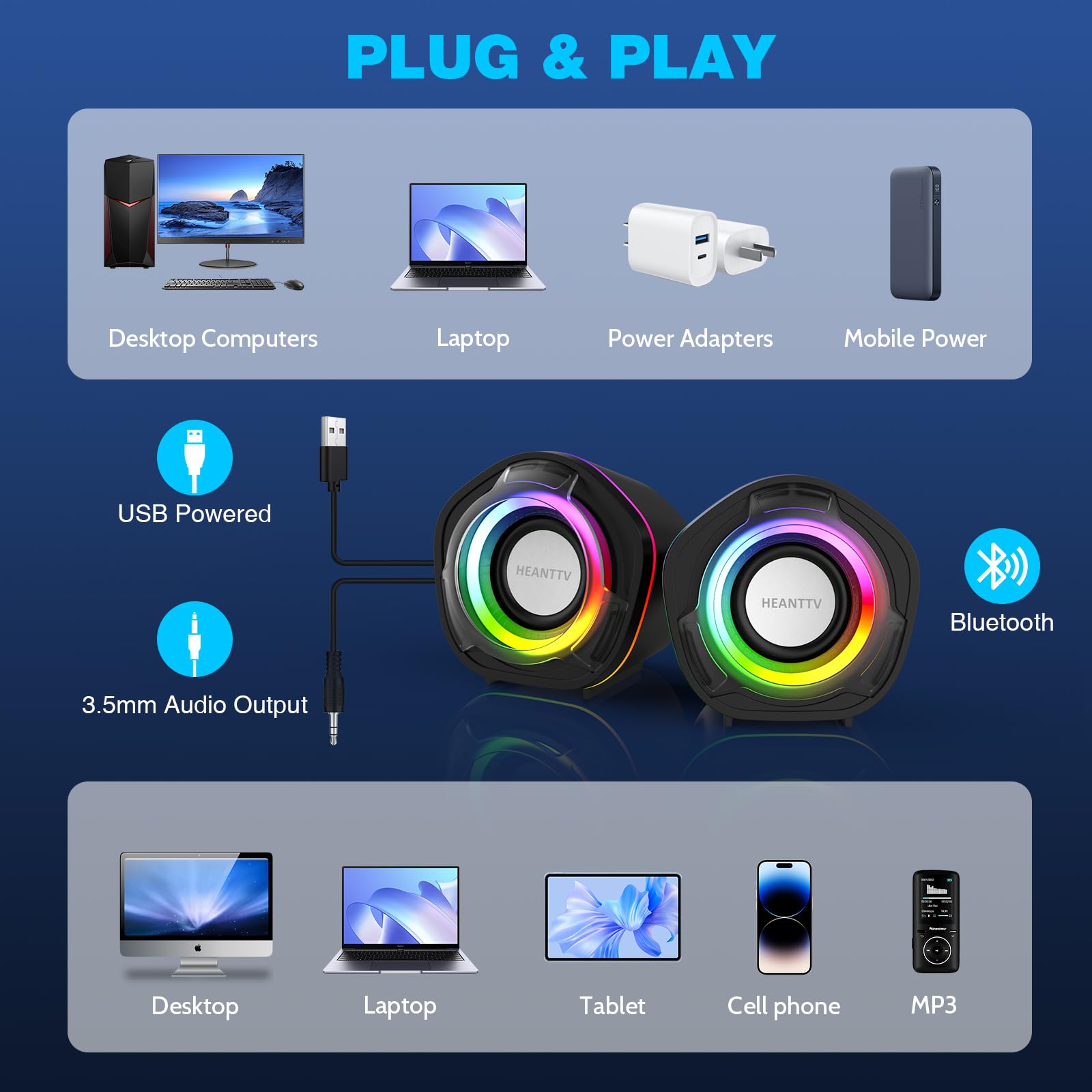HEANTTV Computer Speaker, PC Speakers for Desktop Monitors, 2.0 Stereo Volume Control with LED Light, USB Powered & 3.5 mm jack, Perfect Multimedia Speakers for Monitors, Computer, Laptop,Smartphones