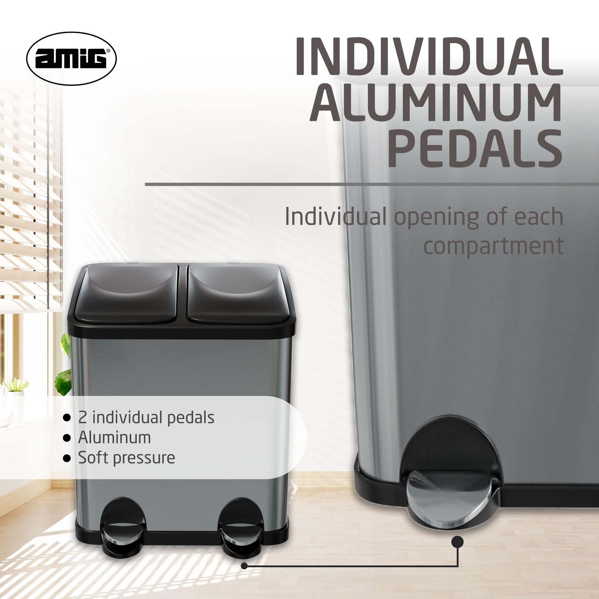 Amig - Double Recycling Bin with Pedals Mod. RECIK2 | Anti-smudge Kitchen Bin | Stainless Steel | 2 Compartments x 15 L | 48 x 32 x 40 cm | Silver and