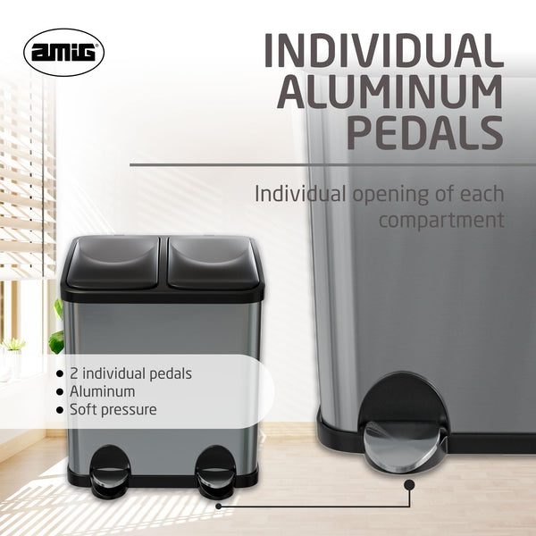 Amig - Double Recycling Bin with Pedals Mod. RECIK2 | Anti-smudge Kitchen Bin | Stainless Steel | 2 Compartments x 15 L | 48 x 32 x 40 cm | Silver and