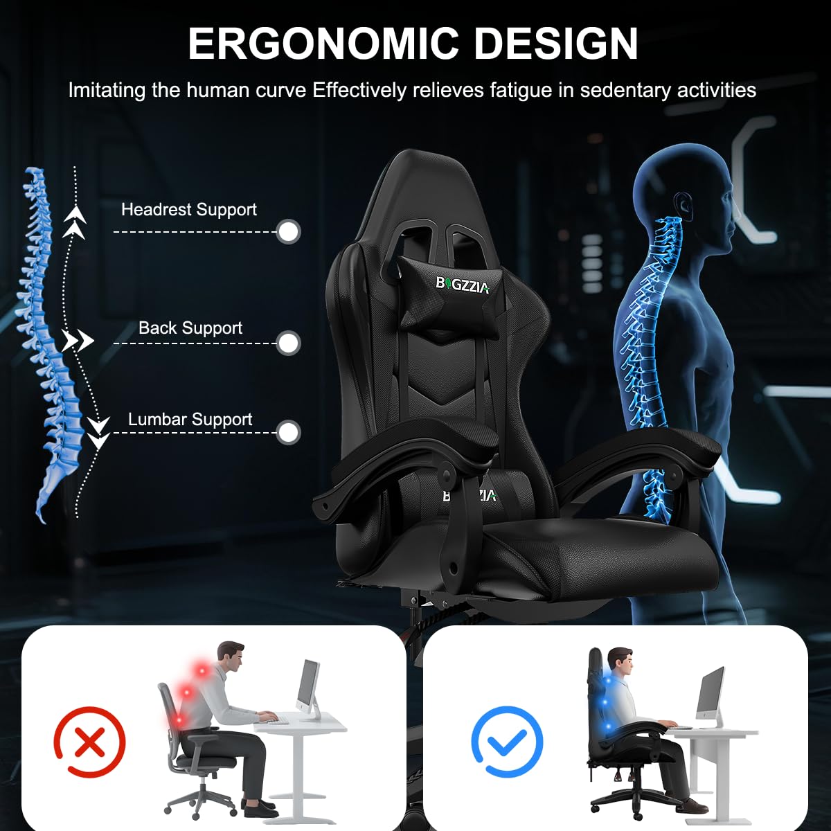bigzzia Ergonomic Gaming Chair - Gamer Chairs with Lumbar Cushion + Headrest, Height-Adjustable Office & Computer Chair for Adults (without footrest, White)