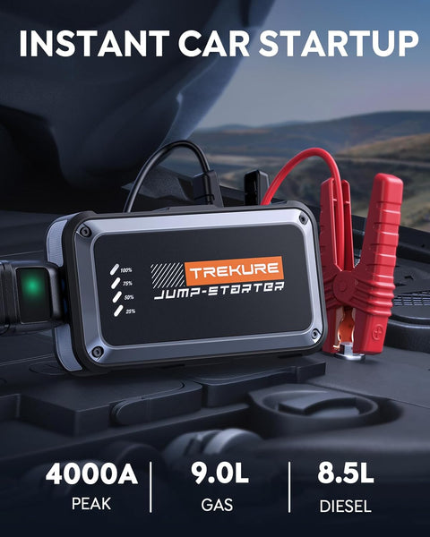 TREKURE 4000A Jump Starter Power Pack, 12V Car Battery Booster Jump Starter (up to 9.0L Gas or 8.5L Diesel Engine), Car Starter Power Bank with LED Flashlight, Jump Pack with Jump Leads