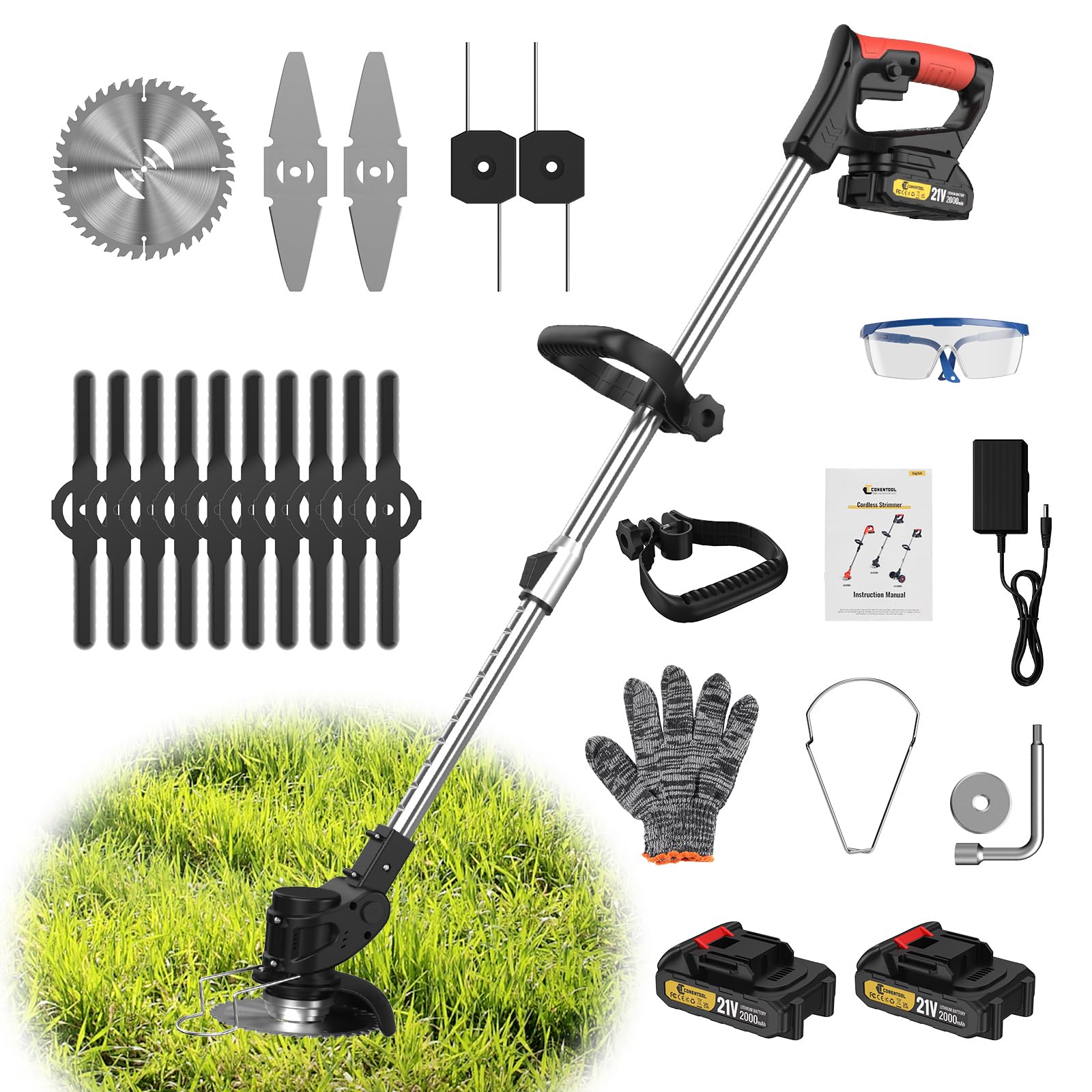 Cordless Strimmer Garden Strimmer with 4 Blades 2 x 21V 2.0Ah Battery Grass Trimmer for Yard, Garden, Sidewalk Edges Light (Cordless Strimmer) (Black)