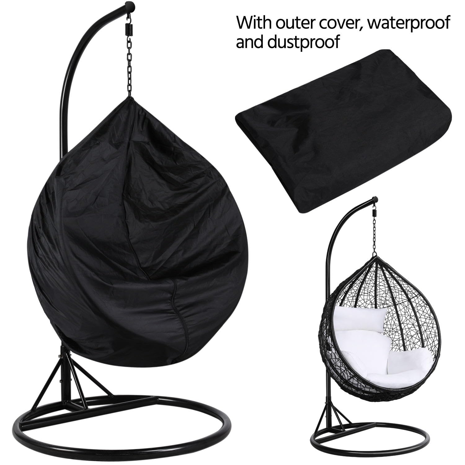 Yaheetech Garden Egg Swing Chair, Patio Swing Chair Outdoor Hanging Hammock with Stand Indoor Rattan Chair with Cushion and Cover, Black