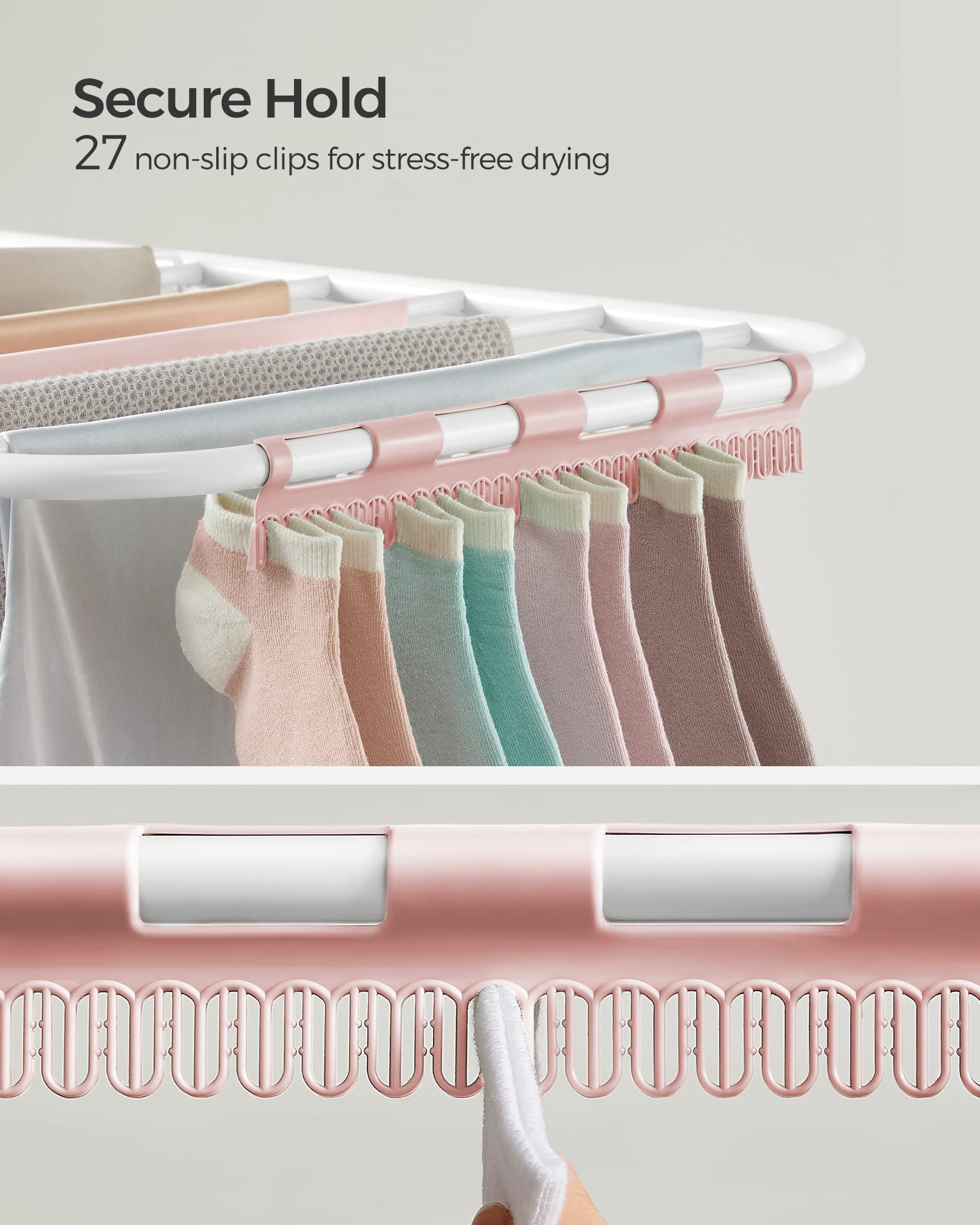 SONGMICS Clothes Airer, Foldable Clothes Drying Rack, Clothes Horse with Height-Adjustable Wings, Free-Standing Laundry Drying Rack, Indoor and