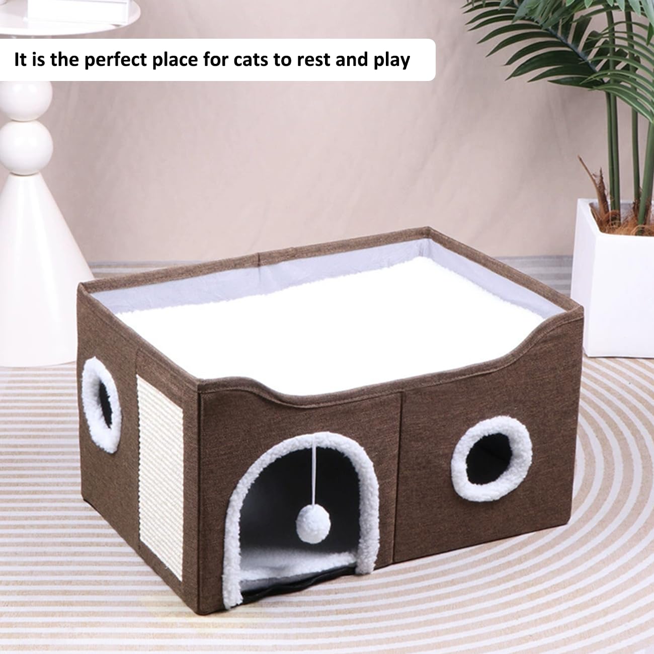 ERNAN Cat Beds for Indoor, Foldable Cat House,Large Soft Cave Bed with Scratching Board for Small Medium Pets (Brown, M)