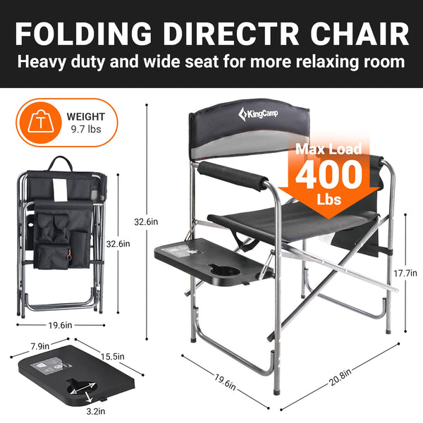 KingCamp Folding Camping Chairs for Adluts Heavy Duty Directors Chair with Cooler Bag and Side Table Support up to 150KG