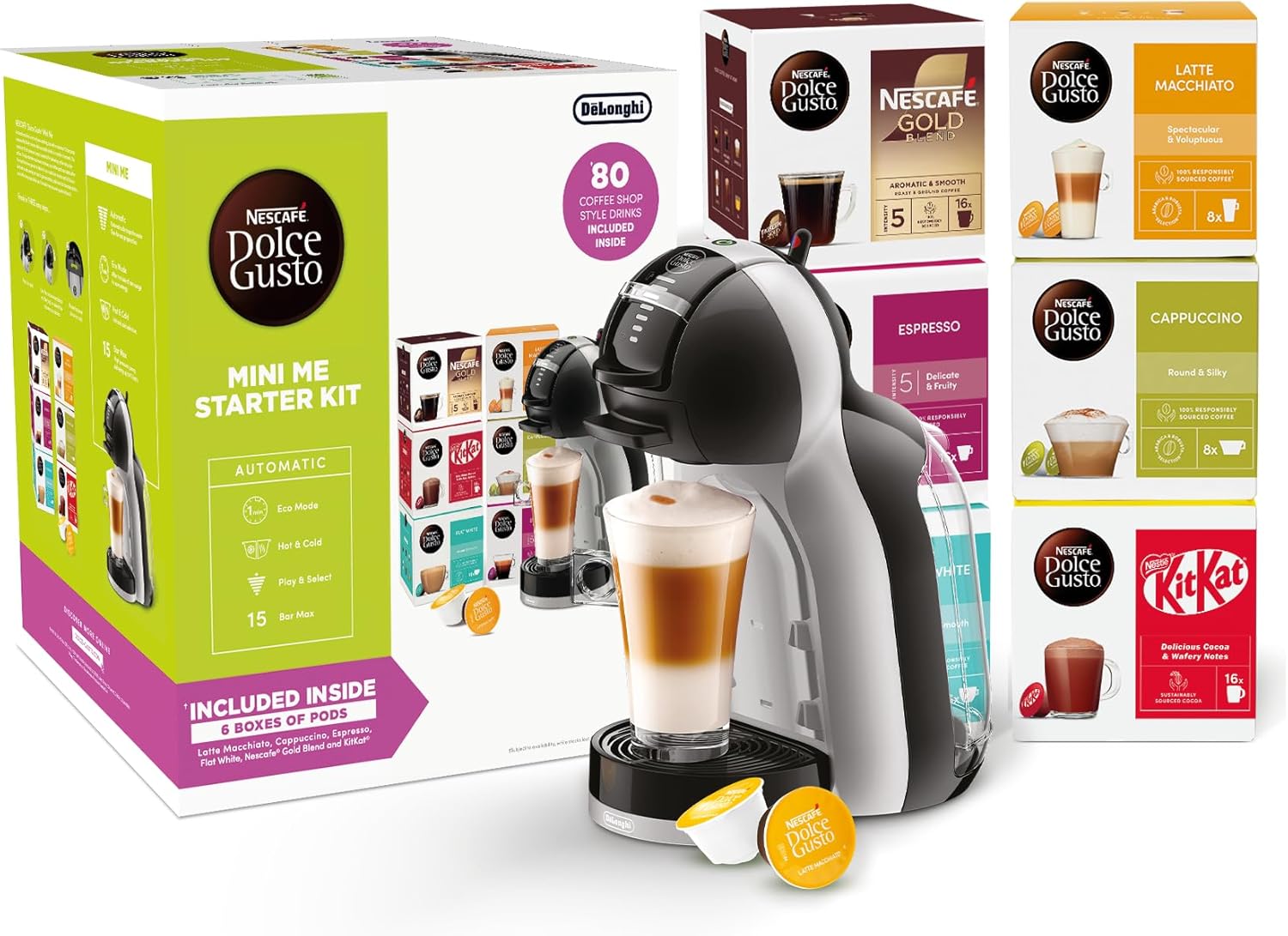 NESCAFÉ Dolce Gusto EDG155.BG Mini-Me Automatic Coffee Machine Black & Arctic Grey by De’Longhi - Starter Kit