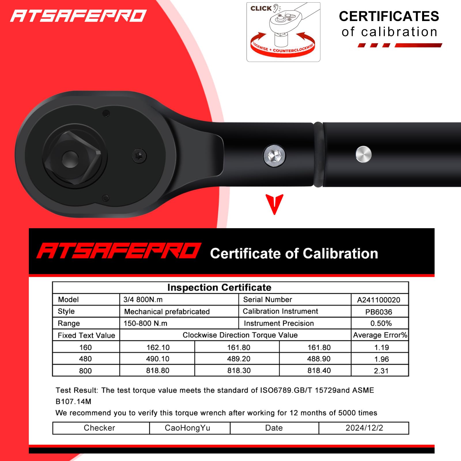 ATsafepro Torque Wrench 3/4 Inch, 100-600 Nm Torque Wrenchs, ±3% Error Accuracy with 48 Teeth Dual-Direction Adjustable for Repair of Car, Truck, Tractor