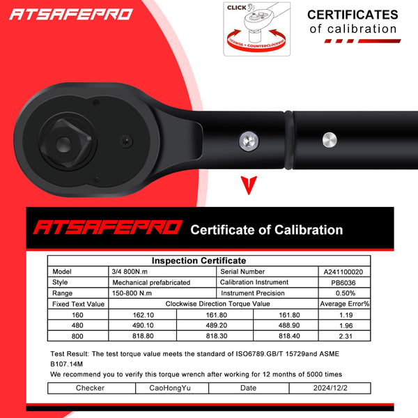 ATsafepro Torque Wrench 3/4 Inch, 100-600 Nm Torque Wrenchs, ±3% Error Accuracy with 48 Teeth Dual-Direction Adjustable for Repair of Car, Truck, Tractor