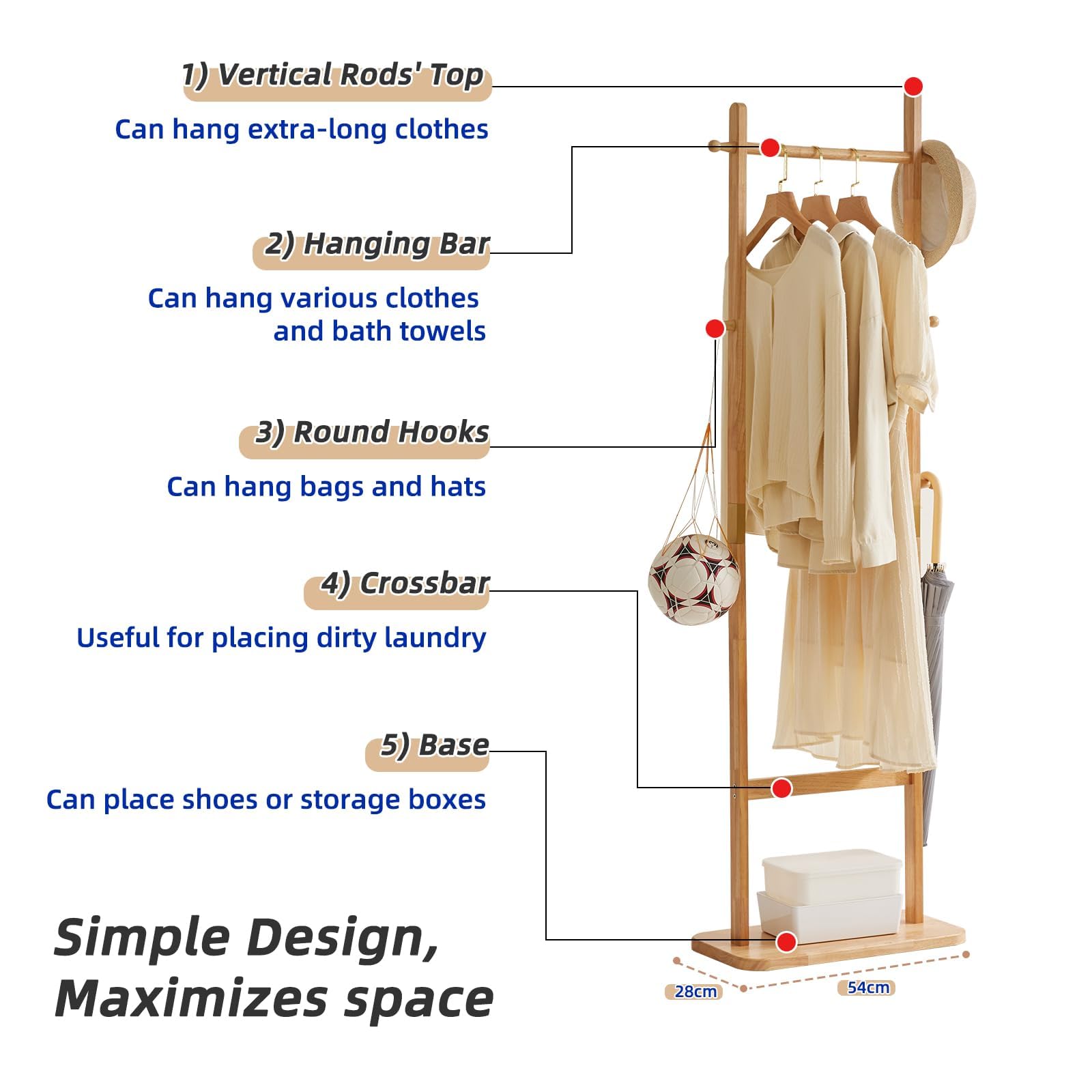 Aibiju Free Standing Coat Rack 180cm Stand with Rectangle Base with 5 Hooks, Wooden Coat Rack with hanging bar, Coat Stand for Purses, Clothes,