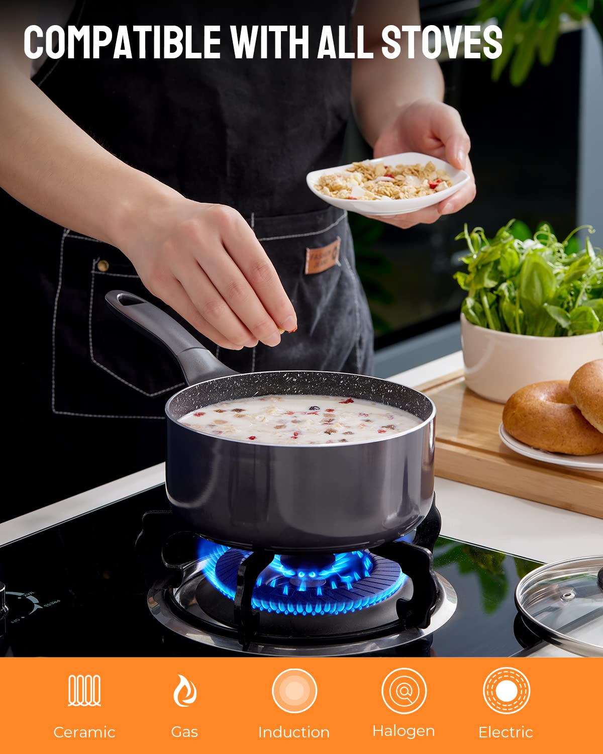 Induction Hob Pan Set, Pots and Pans Set Nonstick 10 Piece, Non Stick Cookware Saucepan Sets with Lids, Stay-Cool Bakelite Handle, Cooking Saucepans,