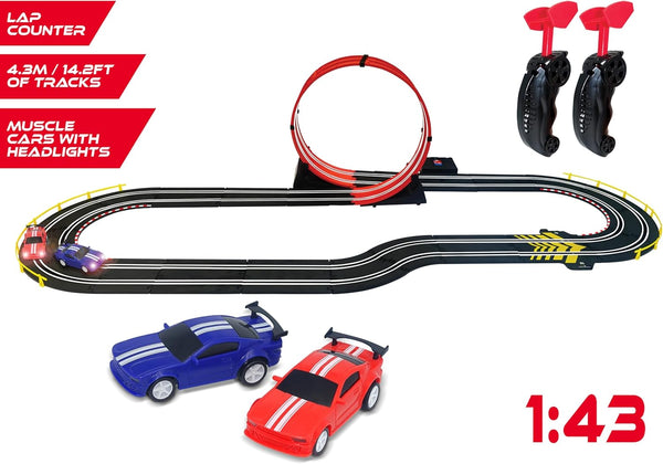 BANDAI Artin Speed Loop Racing Slot Car Set | 4.3m 2 Player Electric Race Car Track With 2 Muscle Cars And Speed Controls | Adults And Kids Electric Car Racing Toys Make Great Remote Control Gifts