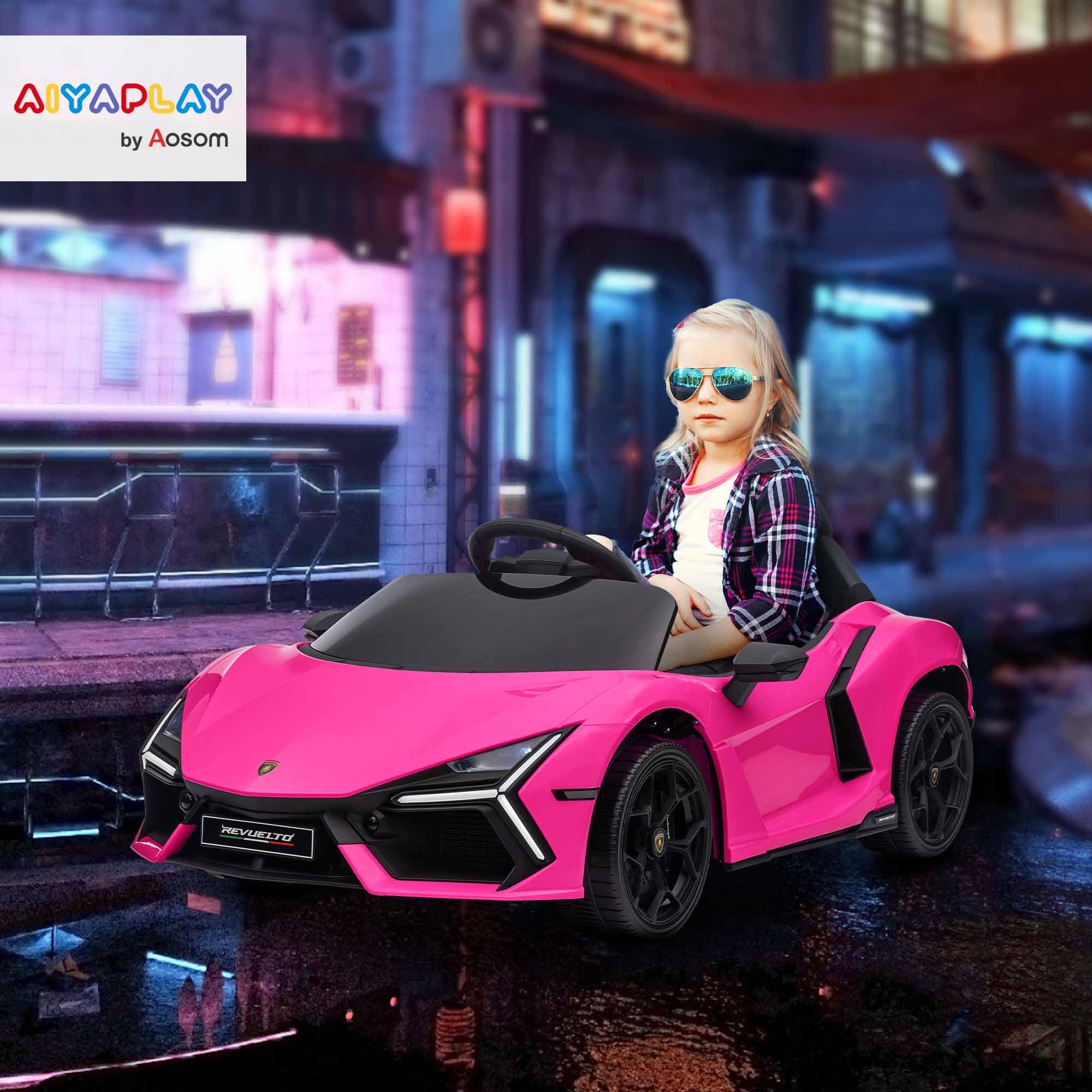 AIYAPLAY Lamborghini Revuelto Licensed Kid Electric Car, 12V Kids Electric Ride On with Butterfly Doors, Suspension, Remote Control, LED Lights, Horn, USB, MP3 for 3-5 Years, Orange