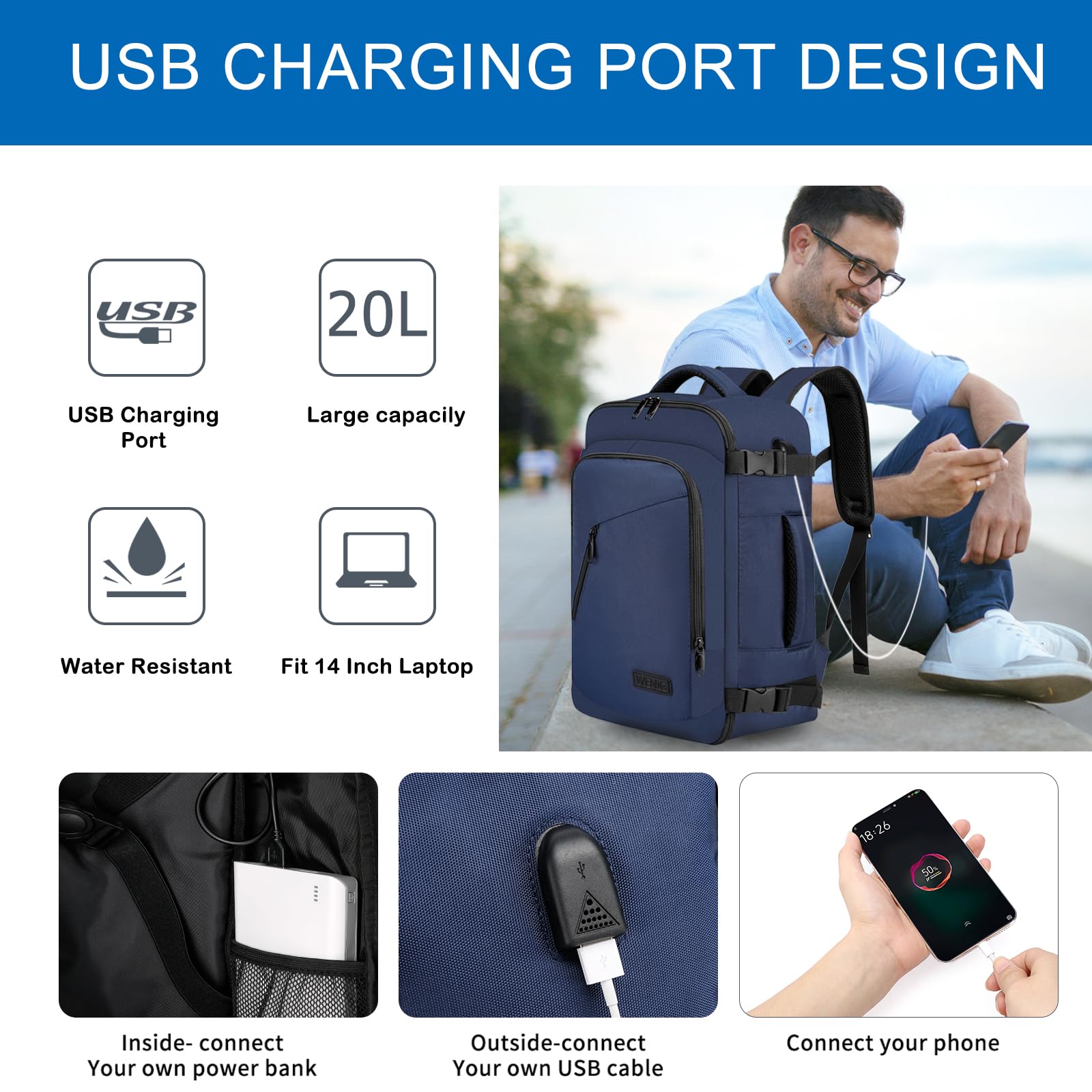 Cabin Bags 40x20x25 for Ryanair Underseat 20L Small Travel Hand Luggage Backpack Carry-ons Bag Cabin Size for Airplanes Flight Bag Travel Rucksack Fit 14 Inch Laptop with USB Charging Port-Black