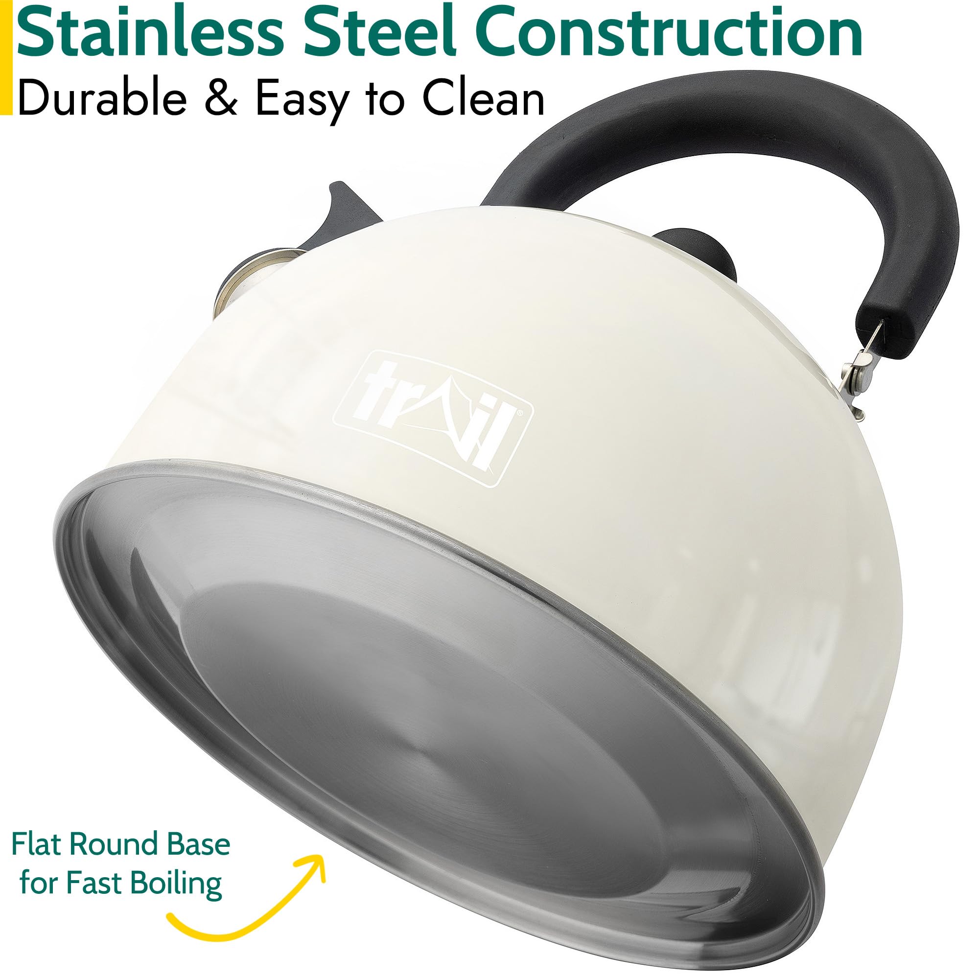 Trail 2L Whistling Camping Kettle, Polished Stainless Steel, Durable & Lightweight, Easy Pour Spout, Folding Heat Resistant Handle, Fast Boil Travel Kettle, Outdoor Fishing Hiking, 15cm x 18cm, 0.42kg
