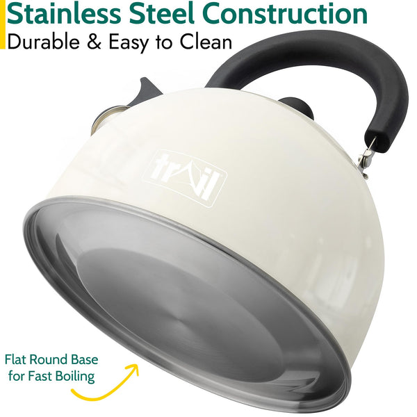 Trail 2L Whistling Camping Kettle, Polished Stainless Steel, Durable & Lightweight, Easy Pour Spout, Folding Heat Resistant Handle, Fast Boil Travel Kettle, Outdoor Fishing Hiking, 15cm x 18cm, 0.42kg