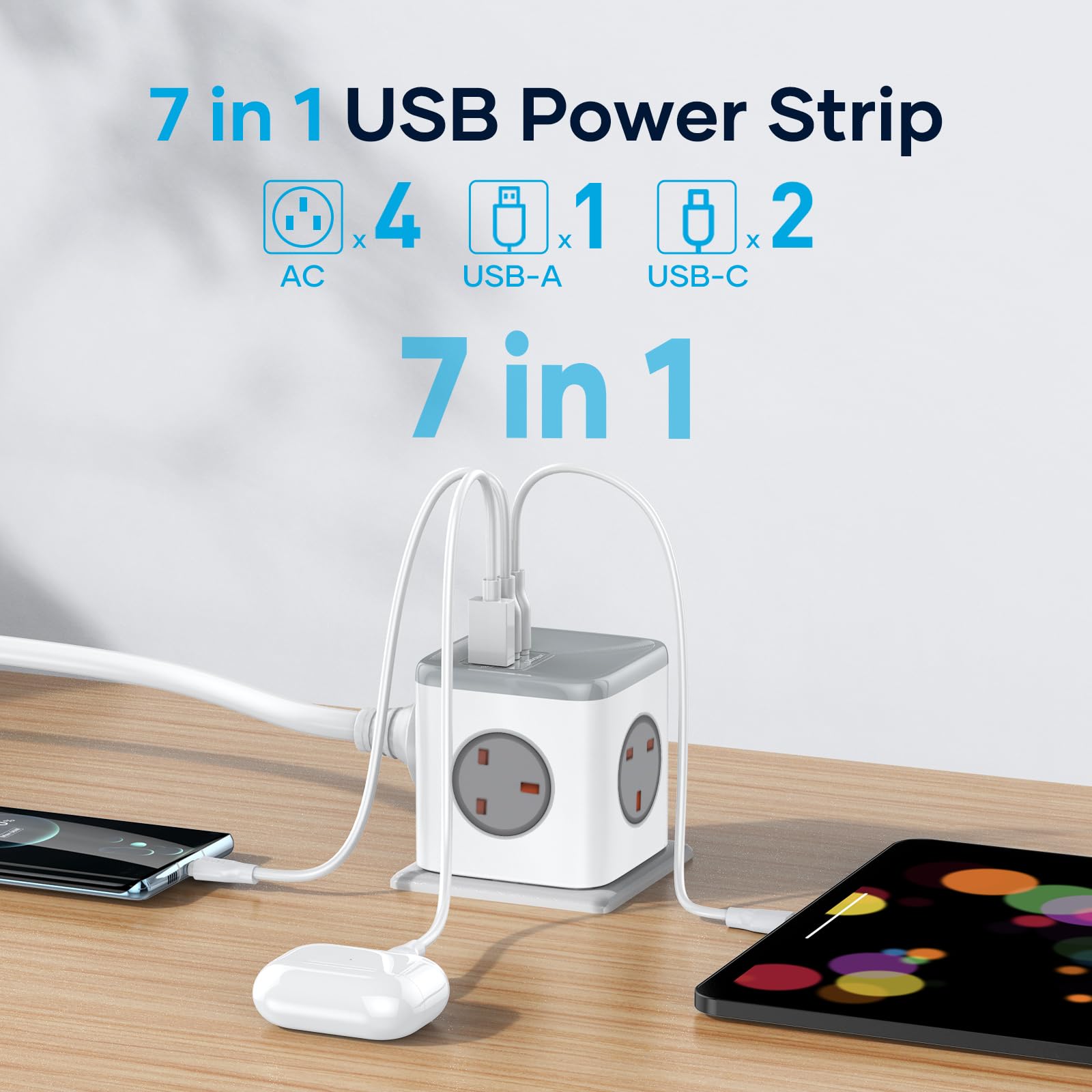 Socket Cube USB C Power Strip with 4 Outlets 3250W and 30W USB C Charging for iPhone 16/15/14, iPad,MacBook, Galaxy, Power Delivery Charging for Game, Dorm Rooms, Home, Office, White