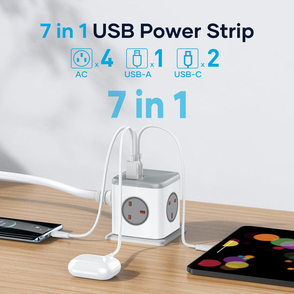 Socket Cube USB C Power Strip with 4 Outlets 3250W and 30W USB C Charging for iPhone 16/15/14, iPad,MacBook, Galaxy, Power Delivery Charging for Game, Dorm Rooms, Home, Office, White