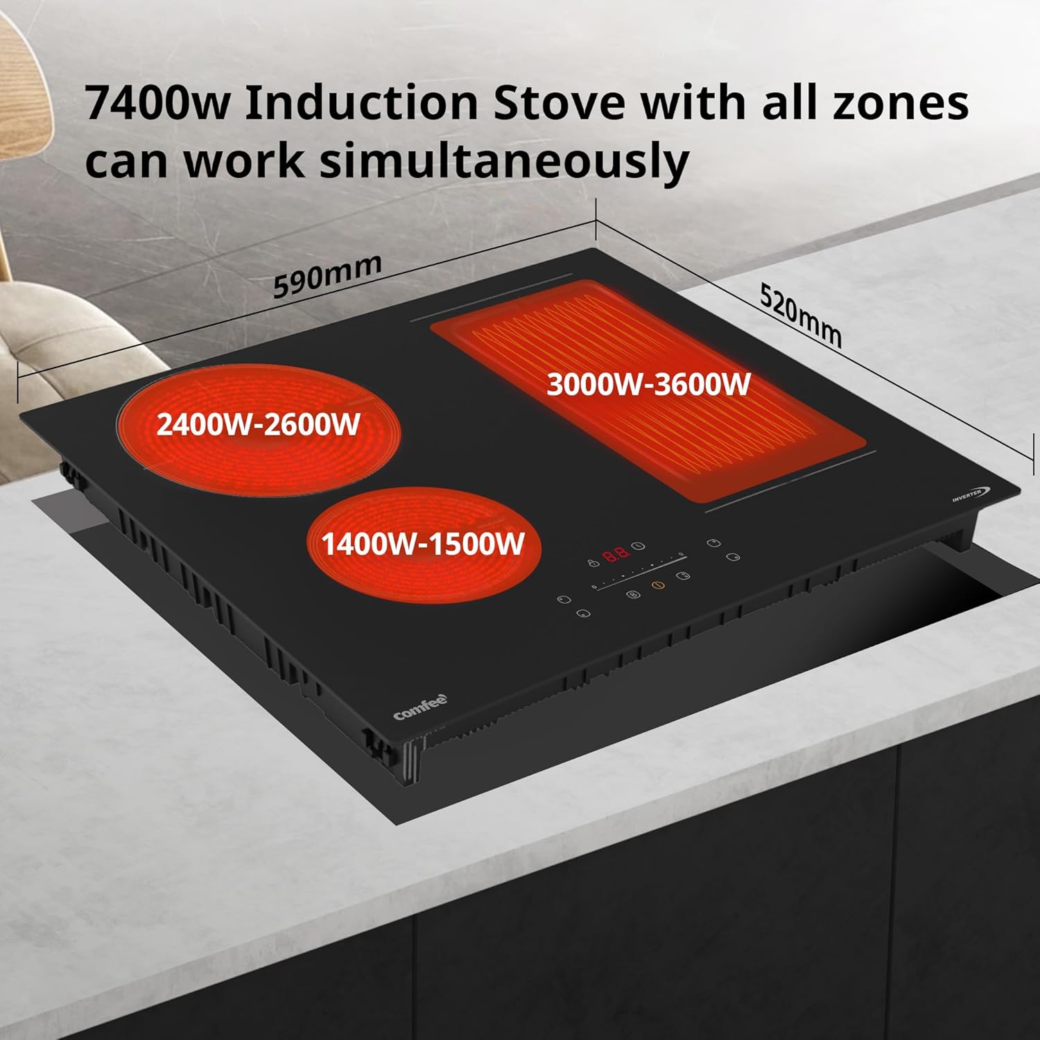 COMFEE' Induction Hob 7400 WATT with 4 Zones Induction Stove with Flexible Zone Built-in induction cooktop,Wiring, Touch control, Automatic Switch-Off, Child Safety Lock, No Plug Included