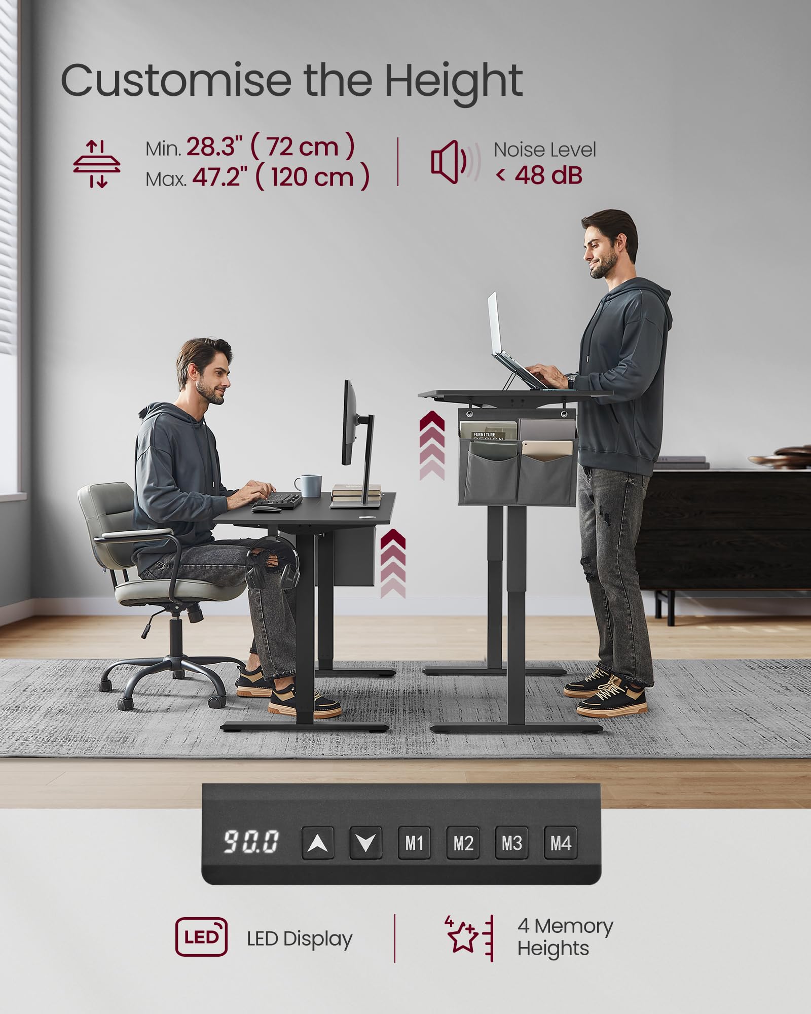 VASAGLE Electric Standing Desk, Height Adjustable Desk, 60 x 140 x (72-120) cm, 4 Memory Heights, Storage Pocket, for Home Office, Study, Rustic Brown and Ink Black LSD134K02