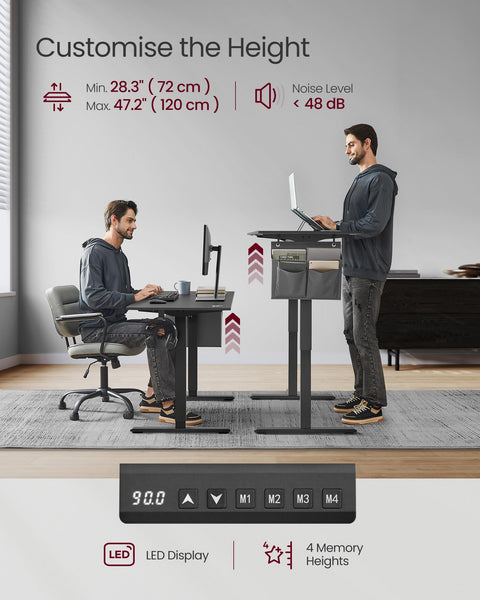 VASAGLE Electric Standing Desk, Height Adjustable Desk, 60 x 140 x (72-120) cm, 4 Memory Heights, Storage Pocket, for Home Office, Study, Rustic Brown and Ink Black LSD134K02