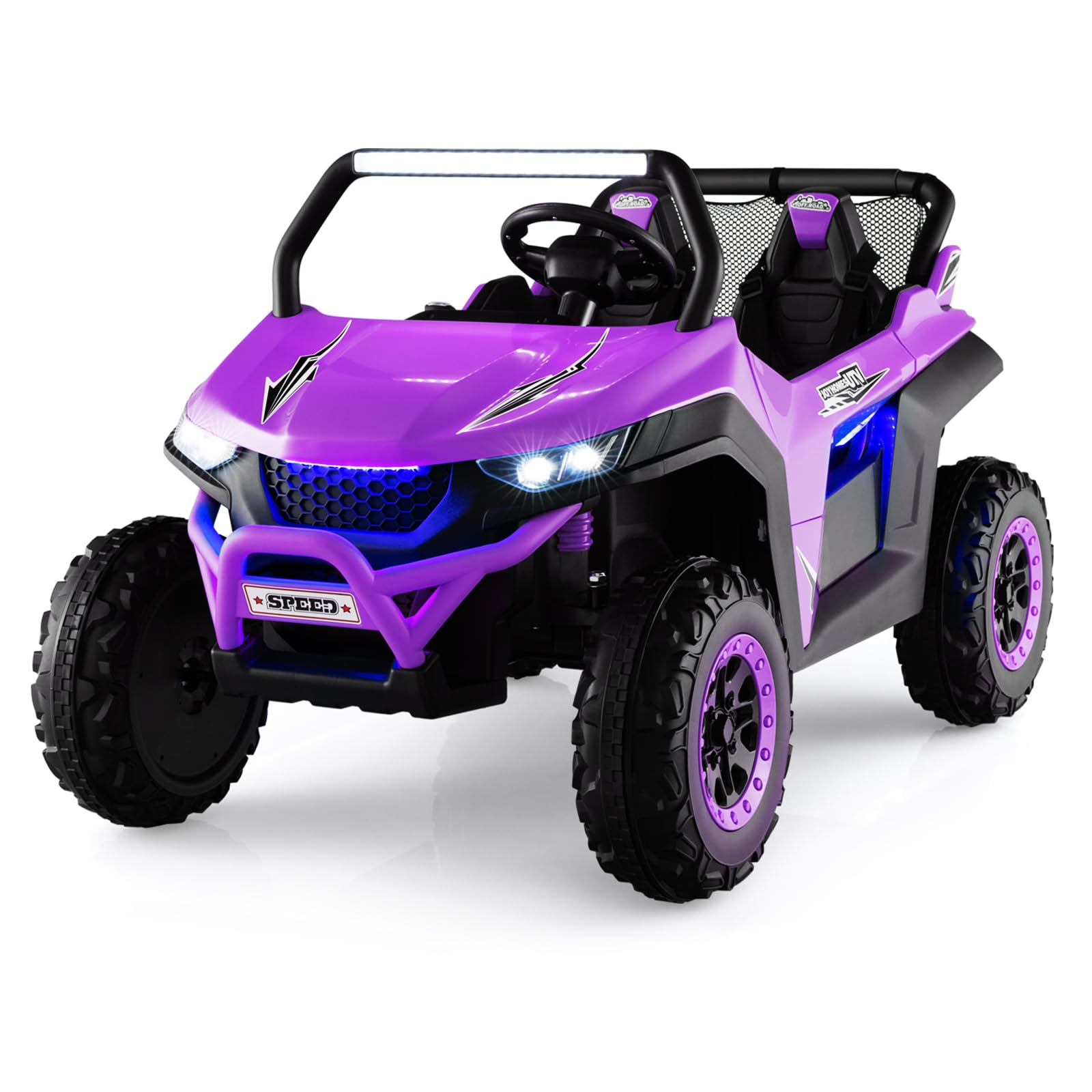 Kids Electric UTV, 2-Seater 12V Battery Powered Toy Car with Remote Control, Lights, Bluetooth, MP3, USB, FM, High/Low Speed & Suspension Spring, Children Ride on Car for 3-8 Years Old (Yellow)