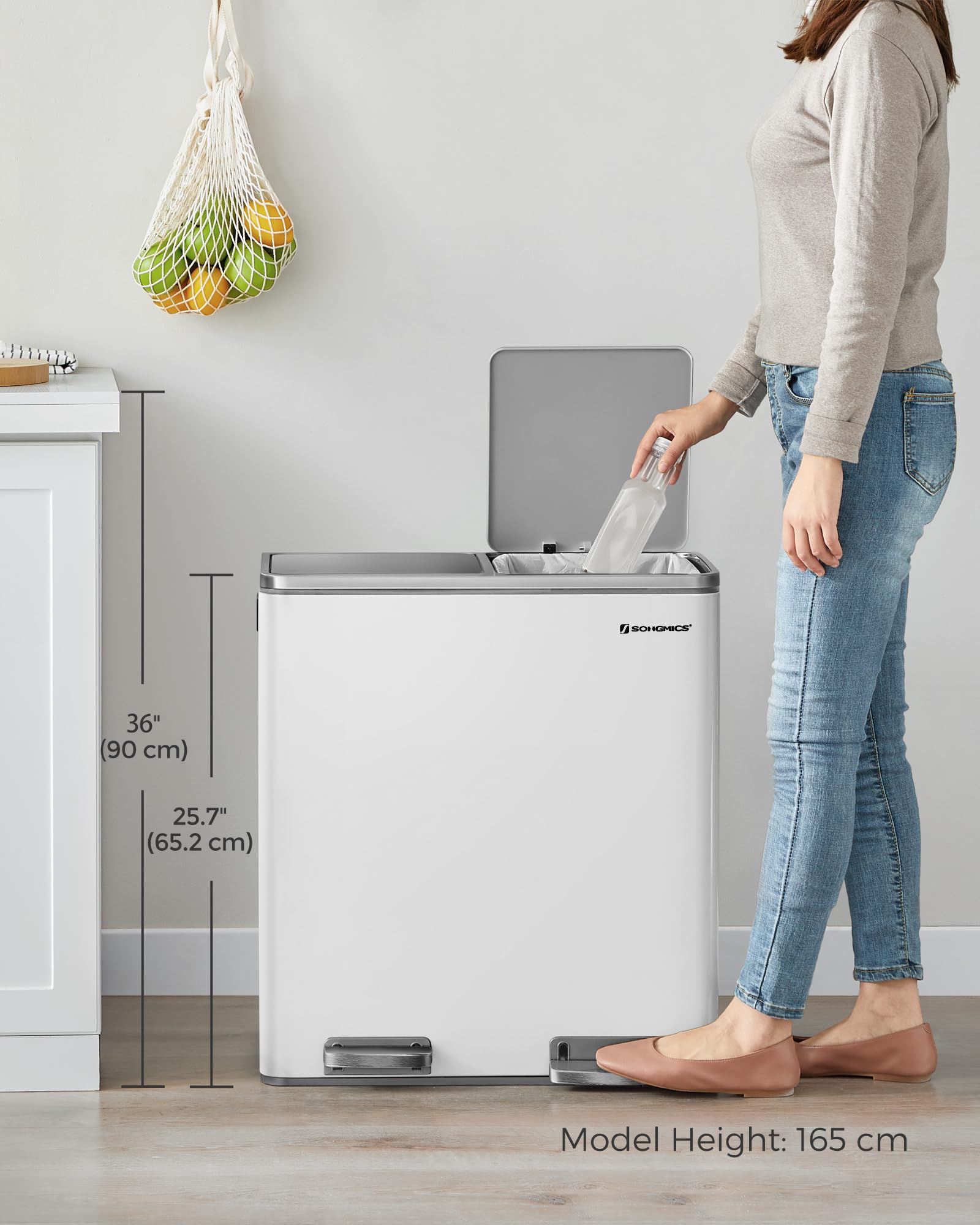 SONGMICS Dual Rubbish Bin, 2 x 30 L Recycling Bin with 15 Rubbish Bags, 2-Compartment Metal Pedal Bin with Lids and Plastic Inner Buckets, Soft Closure, Slate Grey LTB060G01