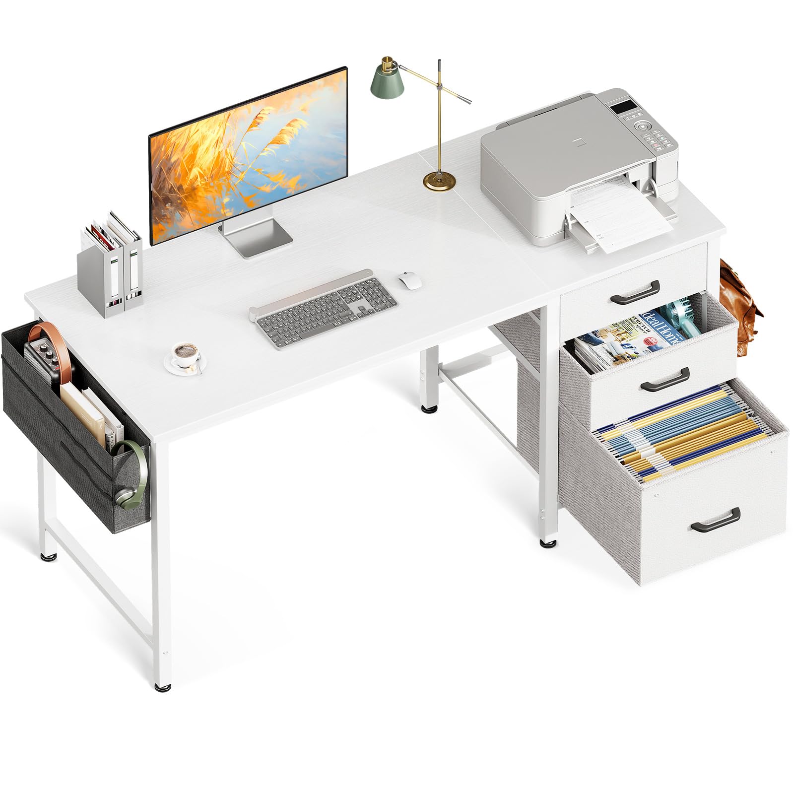 Coleshome Computer Desk with Drawers, 120×48cm Office Desk with Storage, Reversible Small White Desks for Home Office