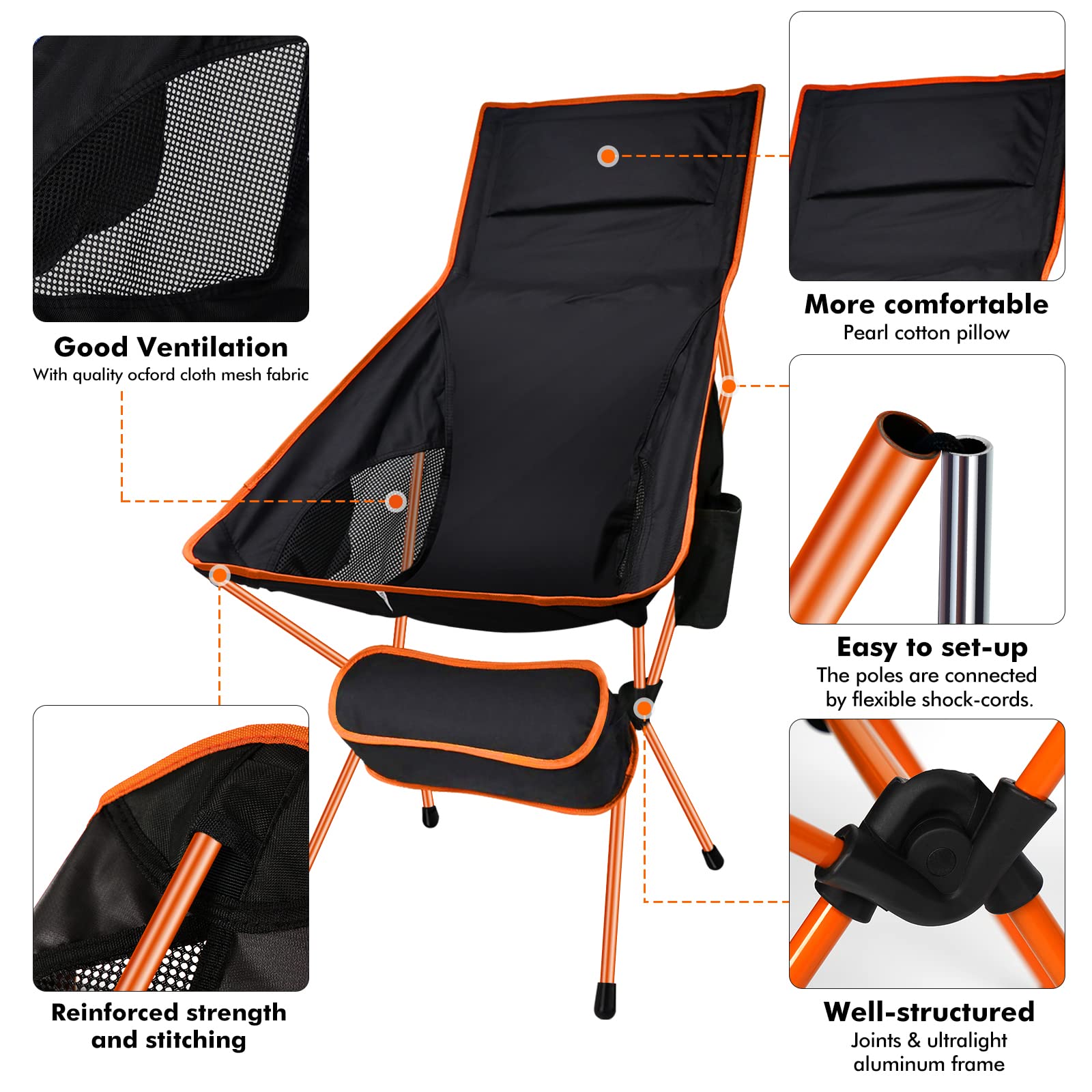 SOPPY Folding Camping Chair Ultra Lightweight, Portable Backpacking Chair, Heavy Duty 135kg Capacity, Outdoor Chairs with Carry Bag for Camping, Garden, Fishing, Beach,BBQs - Orange