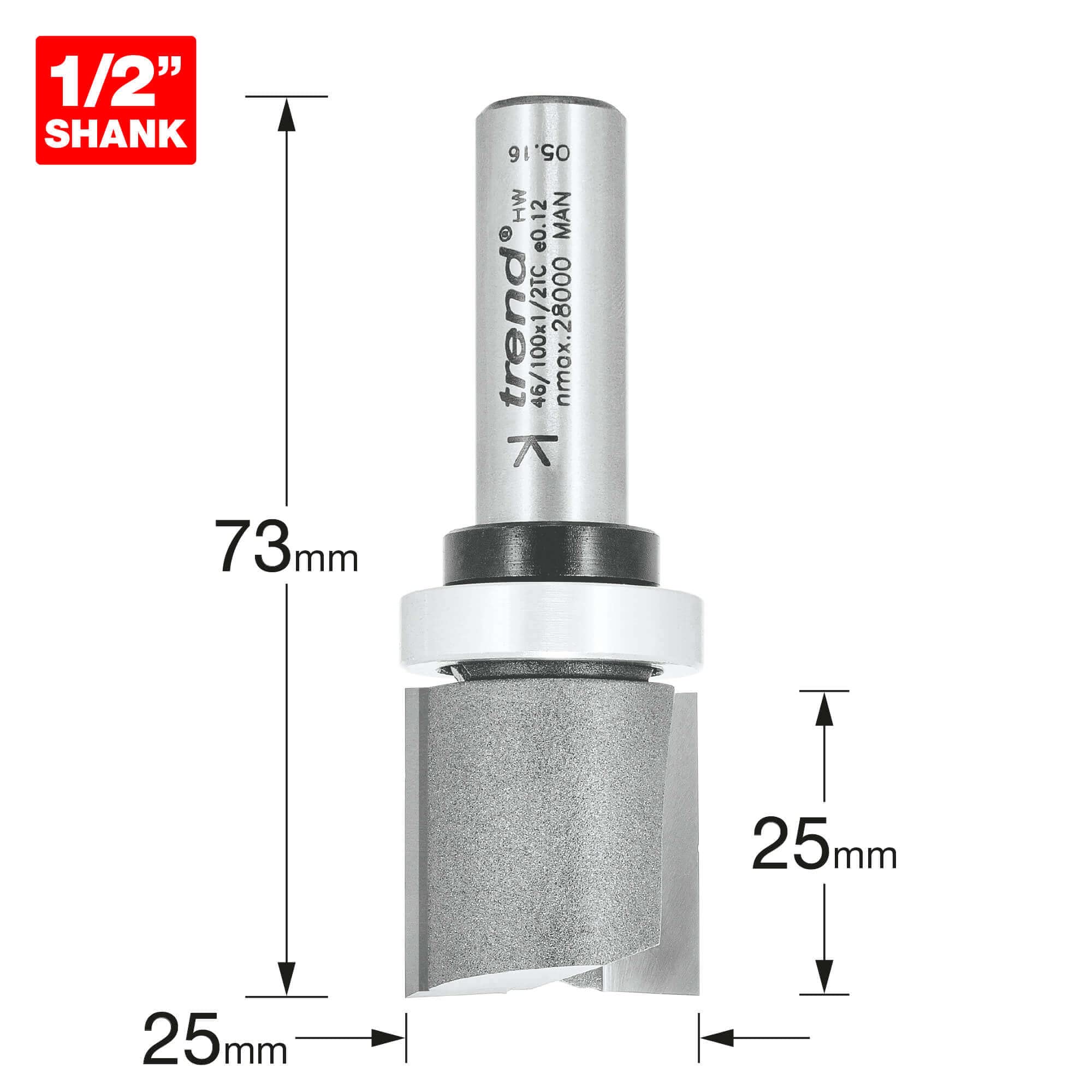 Trend Professional Guided Trimmer, 1/2 Inch Shank, 12.7mm Cut Diameter, 50mm Cut Length, Tungsten Carbide Tipped, 46/23X1/2TC