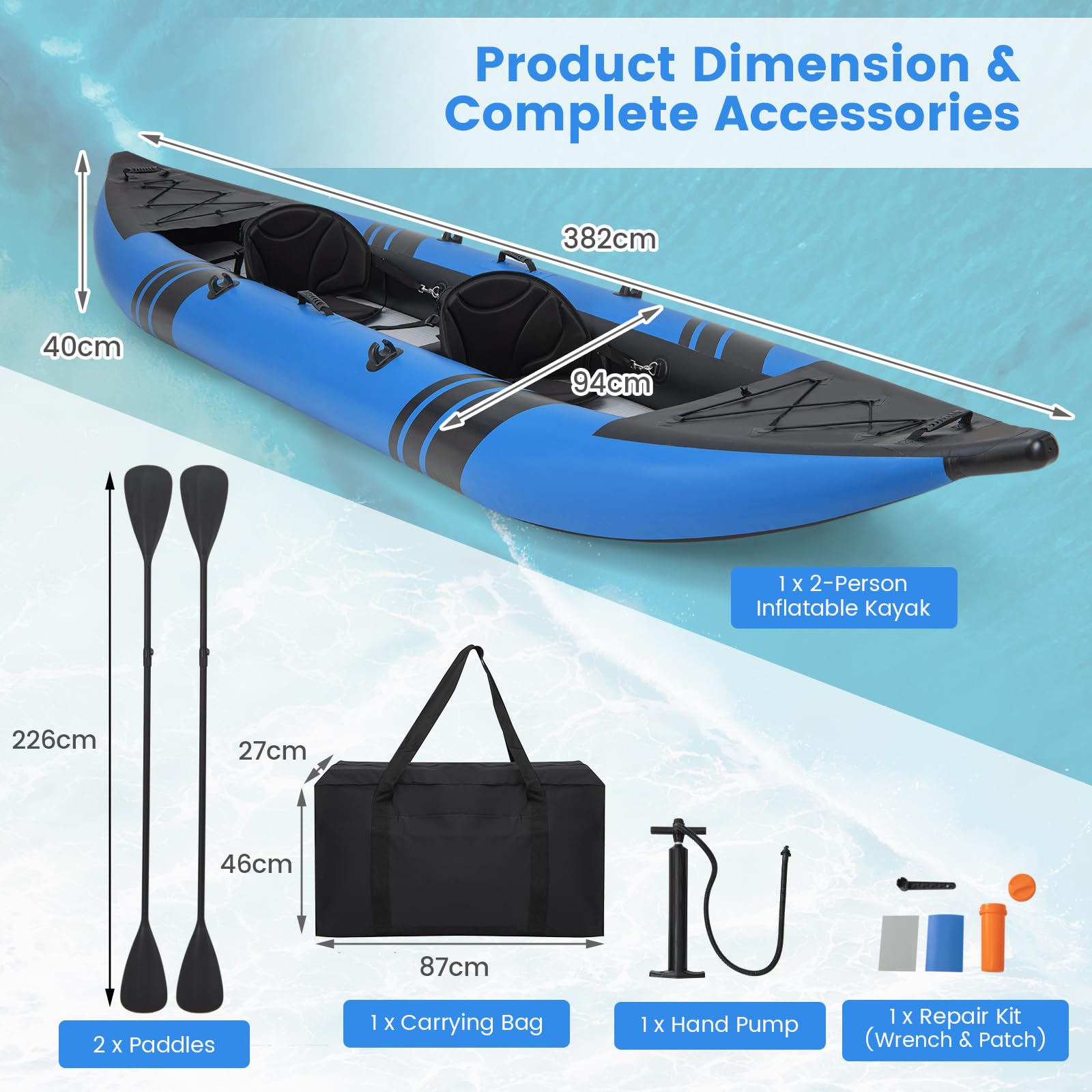 GYMAX Inflatable Kayak Set, 2-Person Inflatable Boat with Aluminum Oars, EVA Padded Seat, Fins, Hand Pump, Repair Kit and Carry Bag, Blow Up Canoe for Lakes, Rivers & Sea Shores