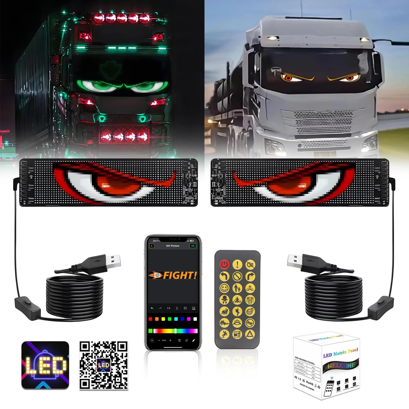 2pcs 102mmx348mm,Colorful Eyes Light for Truck And Car, Programmable Flex Car LED Truck Windscreen Eyes, Dynamic Big Eye Lights for Windshield with APP Control and Remote Controller