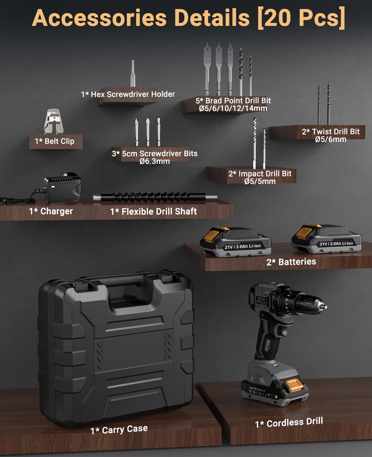 DYJPOW Brushless Cordless Hammer Drill Driver 21V, 2 Batteries 2000mAh, 20+3 Torque, 45N.m Max, 14PCS Drill Bits, 2 Speed, LED Light for Home, Garden DIY