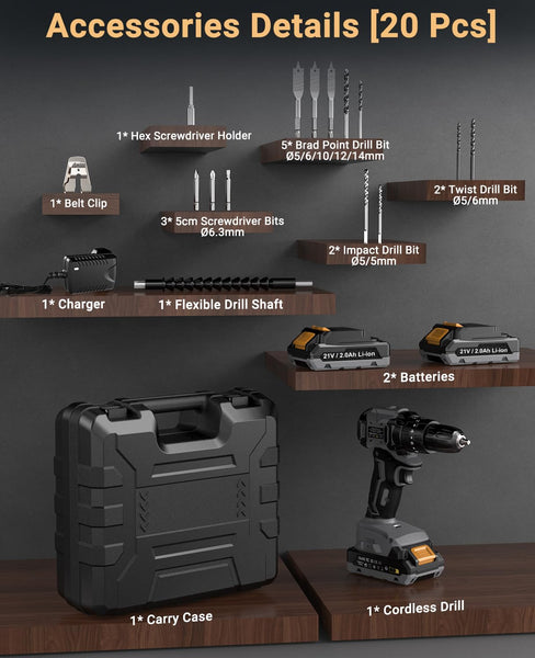 DYJPOW Brushless Cordless Hammer Drill Driver 21V, 2 Batteries 2000mAh, 20+3 Torque, 45N.m Max, 14PCS Drill Bits, 2 Speed, LED Light for Home, Garden DIY