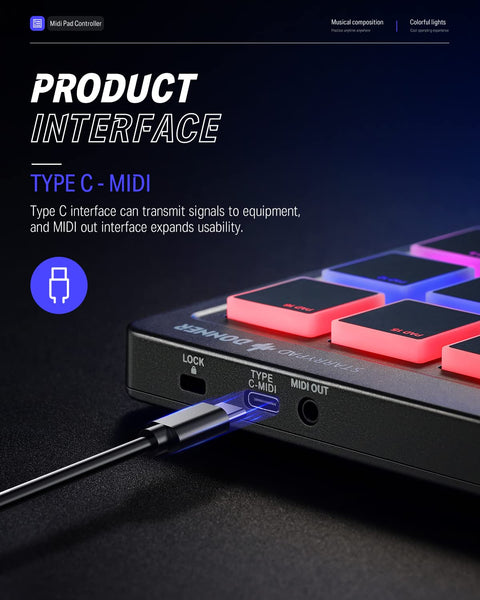 Donner MIDI Pad Controller Keyboard USB Type-C, Professional Drum Pad Machine Beat Maker with 16 Pads, MIDI out, 2 Assignable Fader and Knobs (STARRYPAD MINI, Black)
