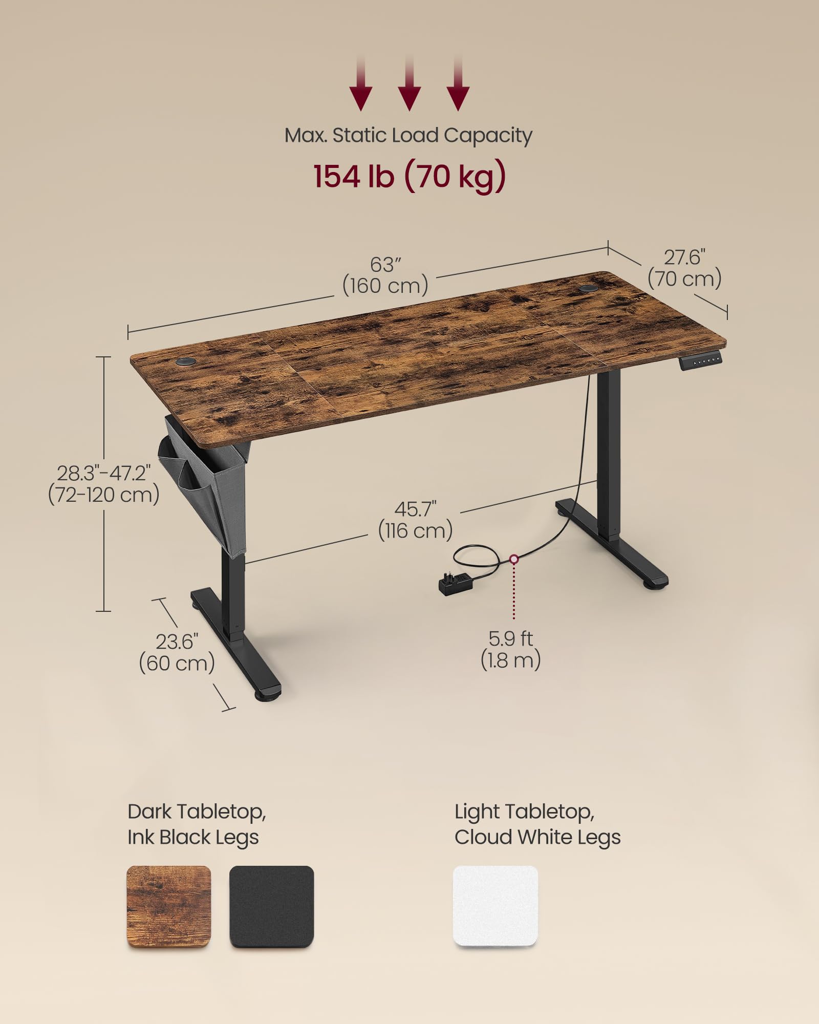 VASAGLE Electric Standing Desk, Height Adjustable Desk, 60 x 140 x (72-120) cm, 4 Memory Heights, Storage Pocket, for Home Office, Study, Rustic Brown and Ink Black LSD134K02