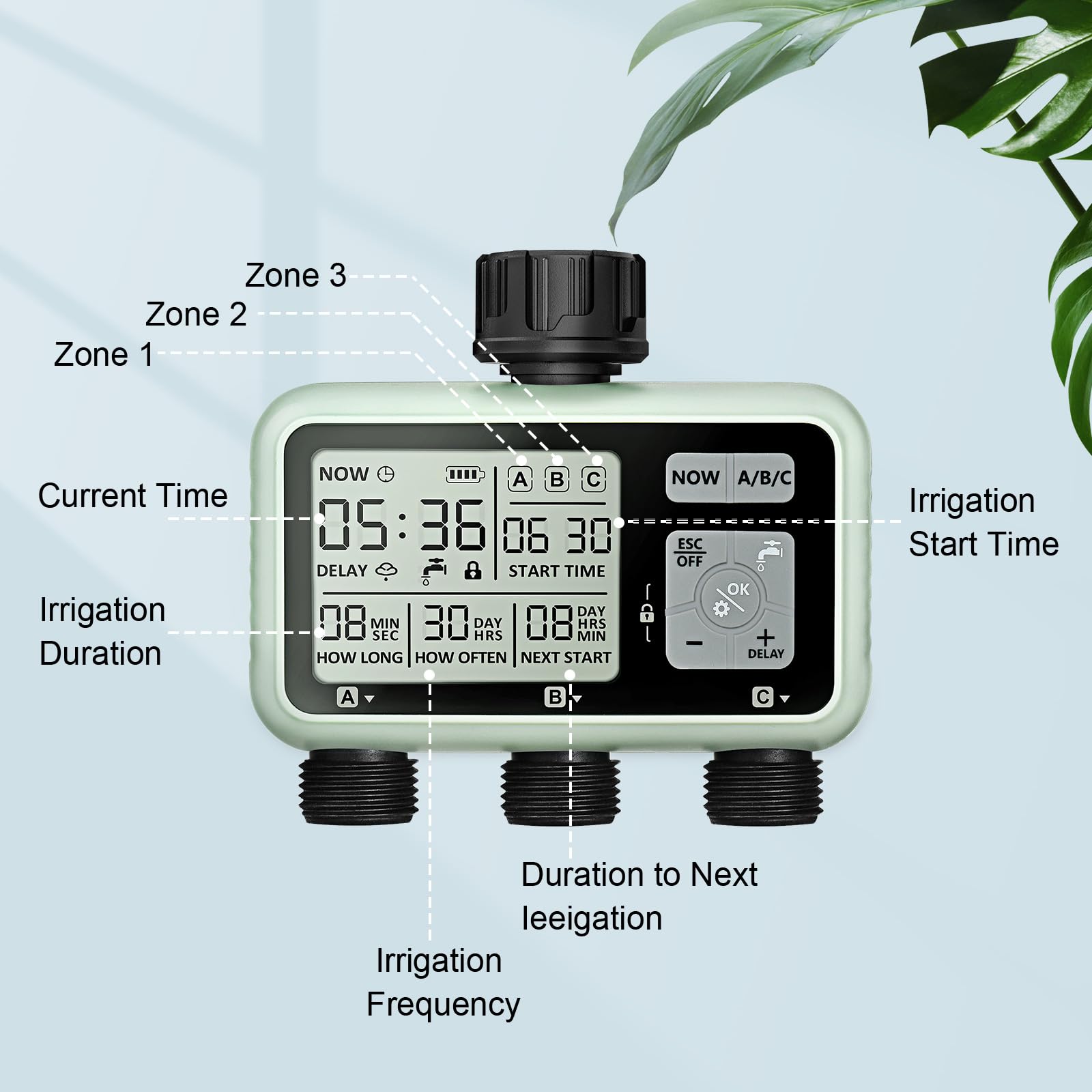 Johgee 3 Zone Water Timer for Irrigation, Sprinkler Timer 3 Outlet, Garden Hose Timer, Garden Watering System Irrigation System Controller with Auto &