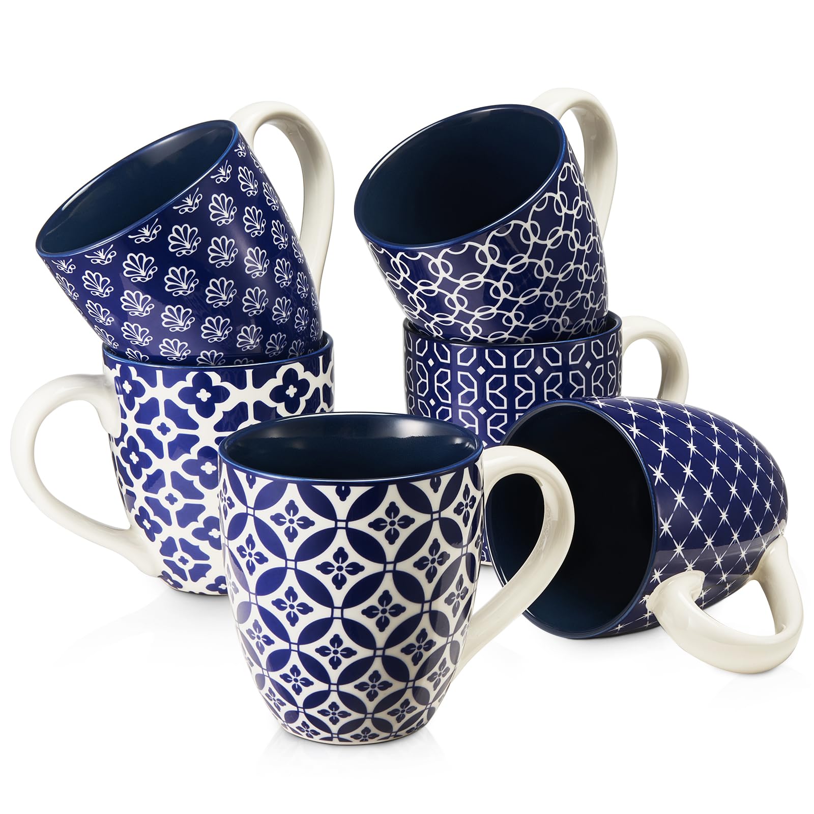 DOWAN Coffee Mugs Set of 6-19oz/560ml Ceramic Mugs Set - Large Tea Coffee and Hot Chocolate Cups - Oriental Classic Pattern Mugs - Great Gift for