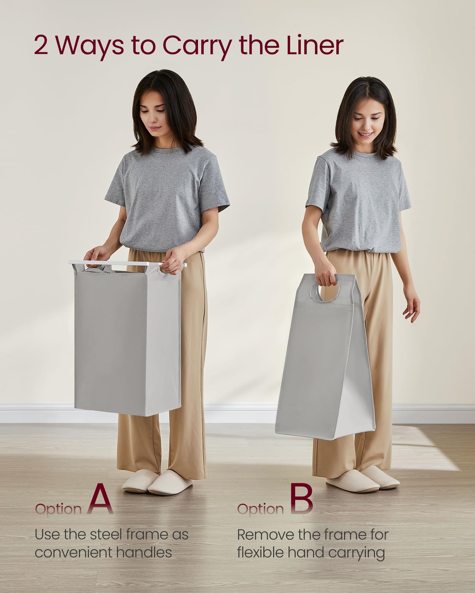 VASAGLE Laundry Basket, Laundry Hamper, Pull-Out and Removable Liner Bag, Shelf, Metal Frame, 65 L, 50 x 33 x 72 cm, Ink Black and Rustic Brown BLH101B01