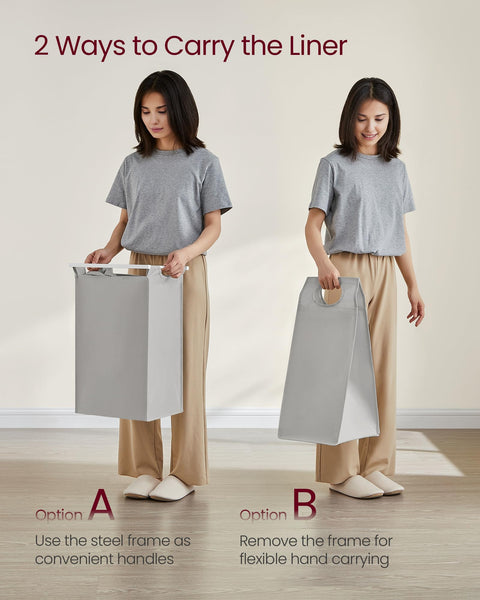 VASAGLE Laundry Basket, Laundry Hamper, Pull-Out and Removable Liner Bag, Shelf, Metal Frame, 65 L, 50 x 33 x 72 cm, Ink Black and Rustic Brown BLH101B01