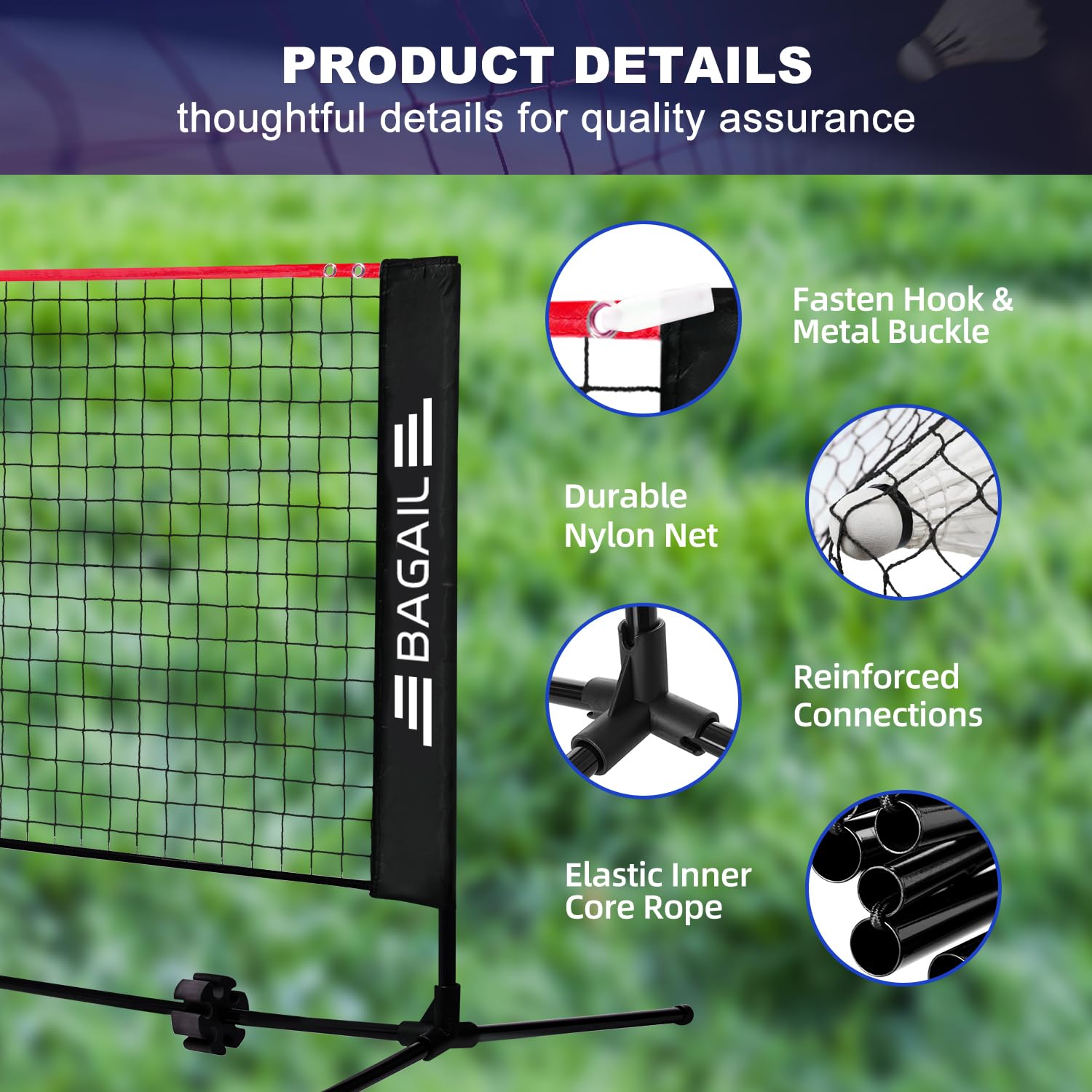 BAGAIL Badminton Net, Foldable Nylon Net, Hieght Adjustable Stand and Portable Carry Bag, Easy to Assemble or Disassemble, Ideal Recreational Sports Net for Tennis, Kids Badminton or Volleyball