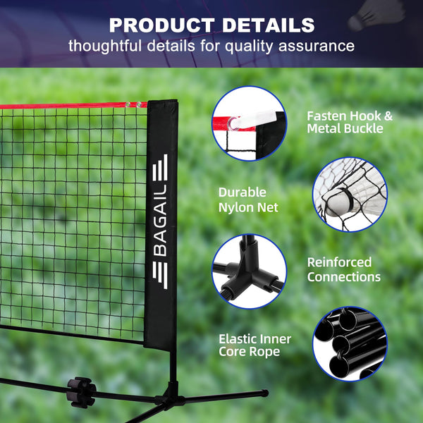 BAGAIL Badminton Net, Foldable Nylon Net, Hieght Adjustable Stand and Portable Carry Bag, Easy to Assemble or Disassemble, Ideal Recreational Sports Net for Tennis, Kids Badminton or Volleyball